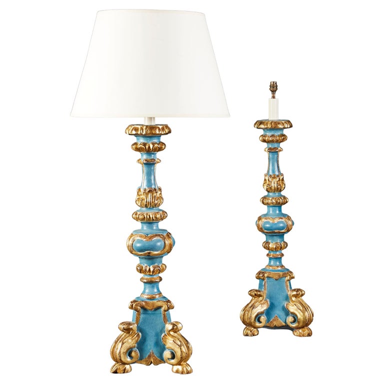 Overscale Pair of Painted Italian Candlestick Lamps For Sale at 1stDibs