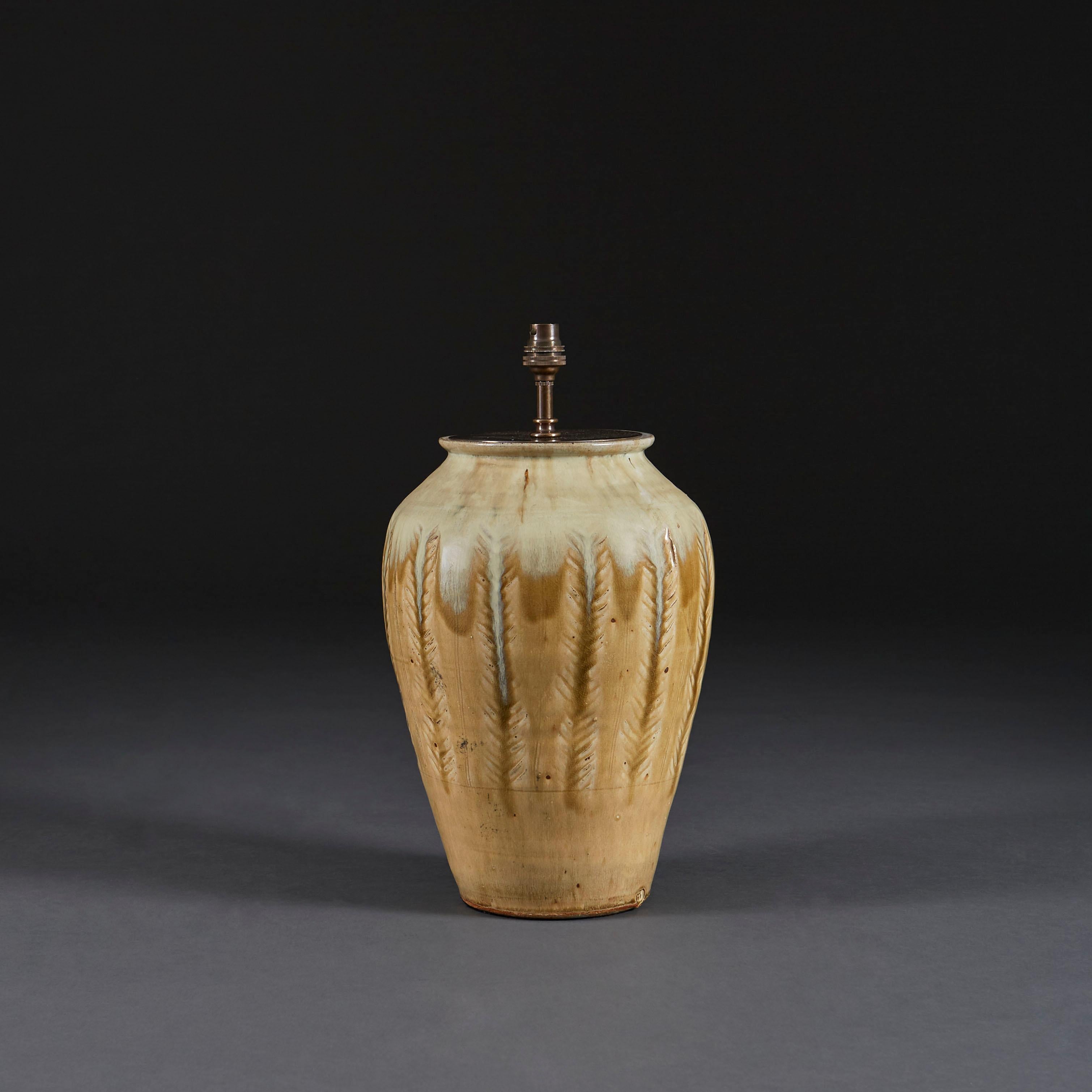 Glazed over Scale Stoneware Vase by Mike Dodd as a Table Lamp, Mid-20th Century