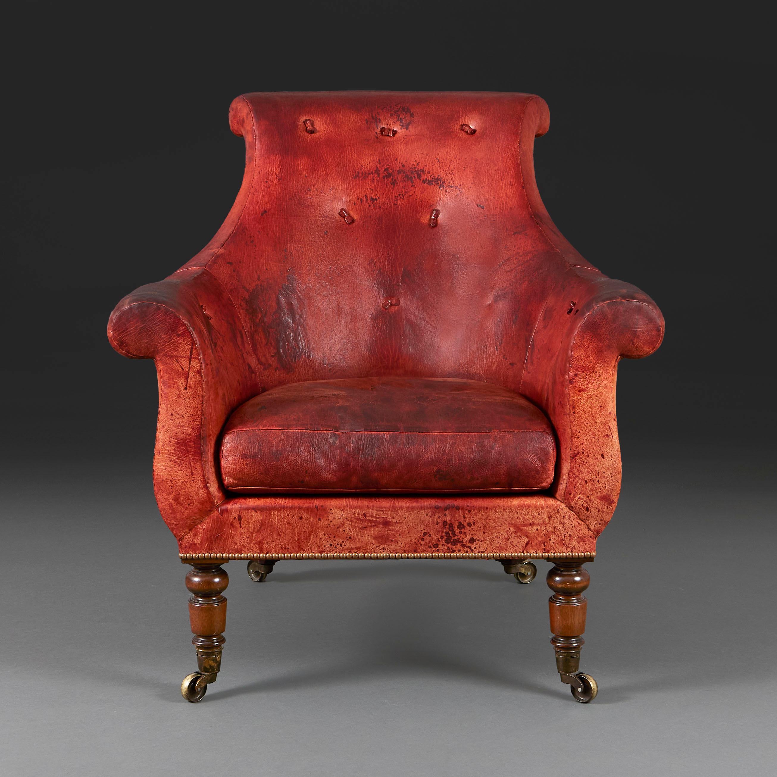 An overscale William IV style red library armchair  In Good Condition For Sale In London, GB