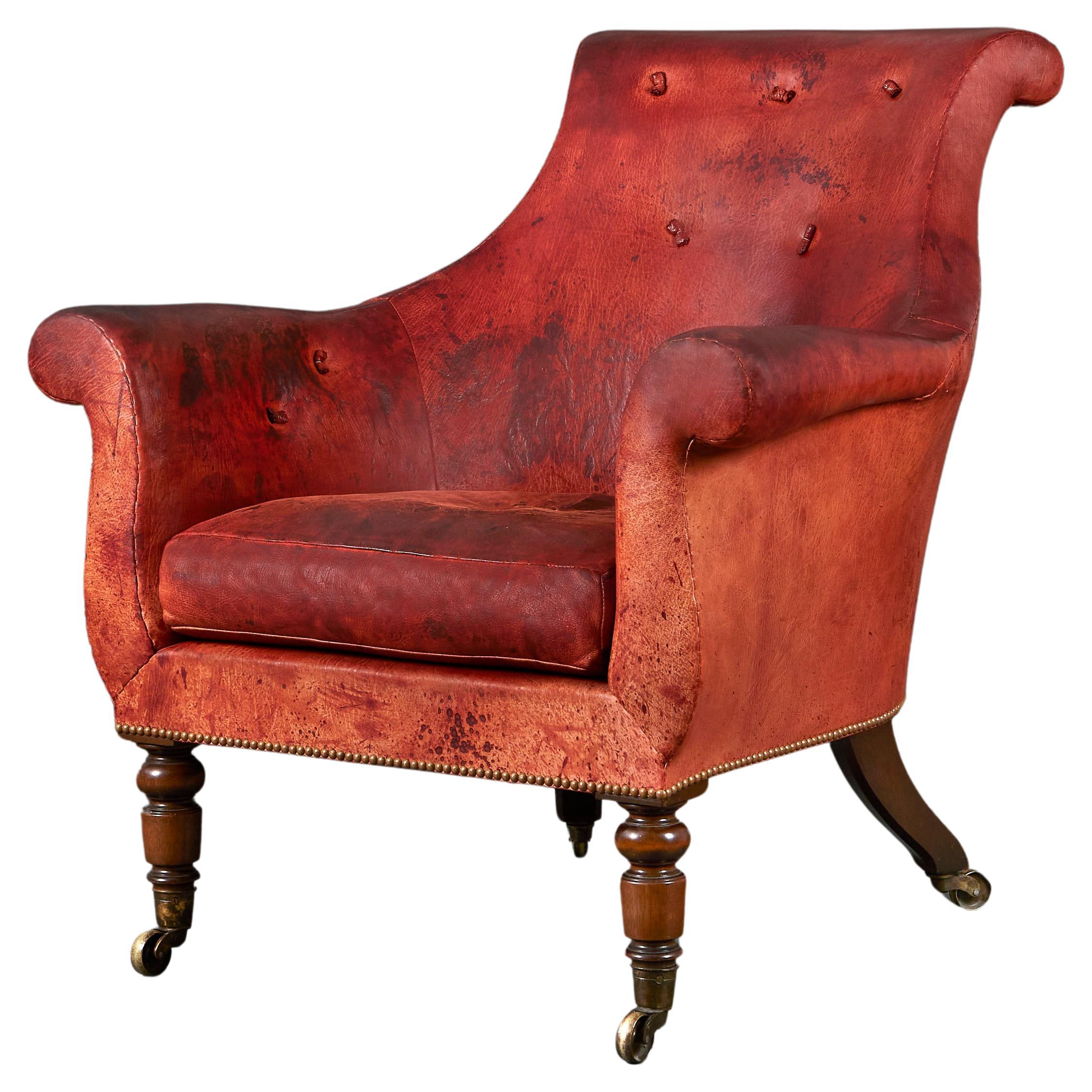An overscale William IV style red library armchair  For Sale