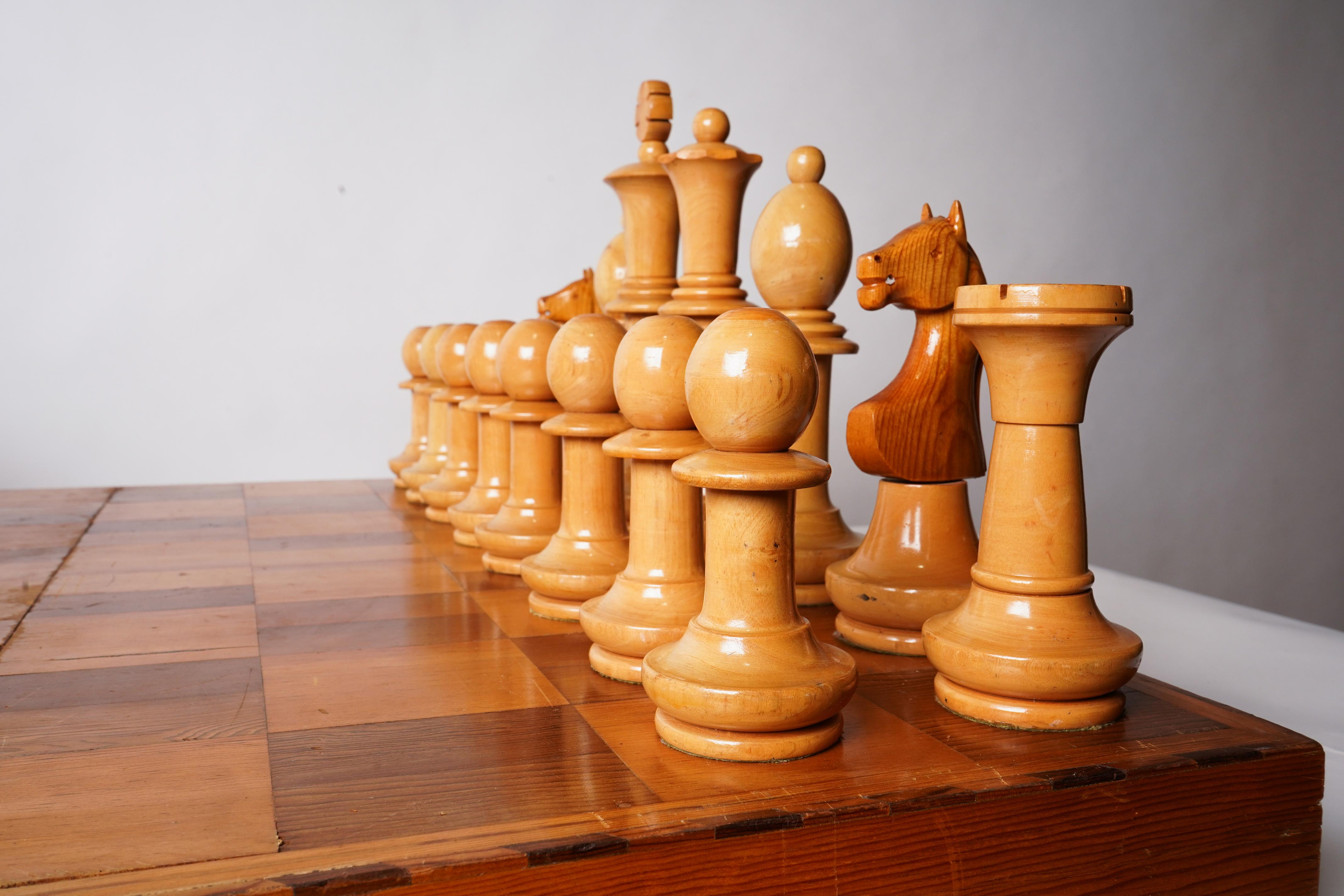 Hand-Carved Oversize Chess Set in Lacquered Wood