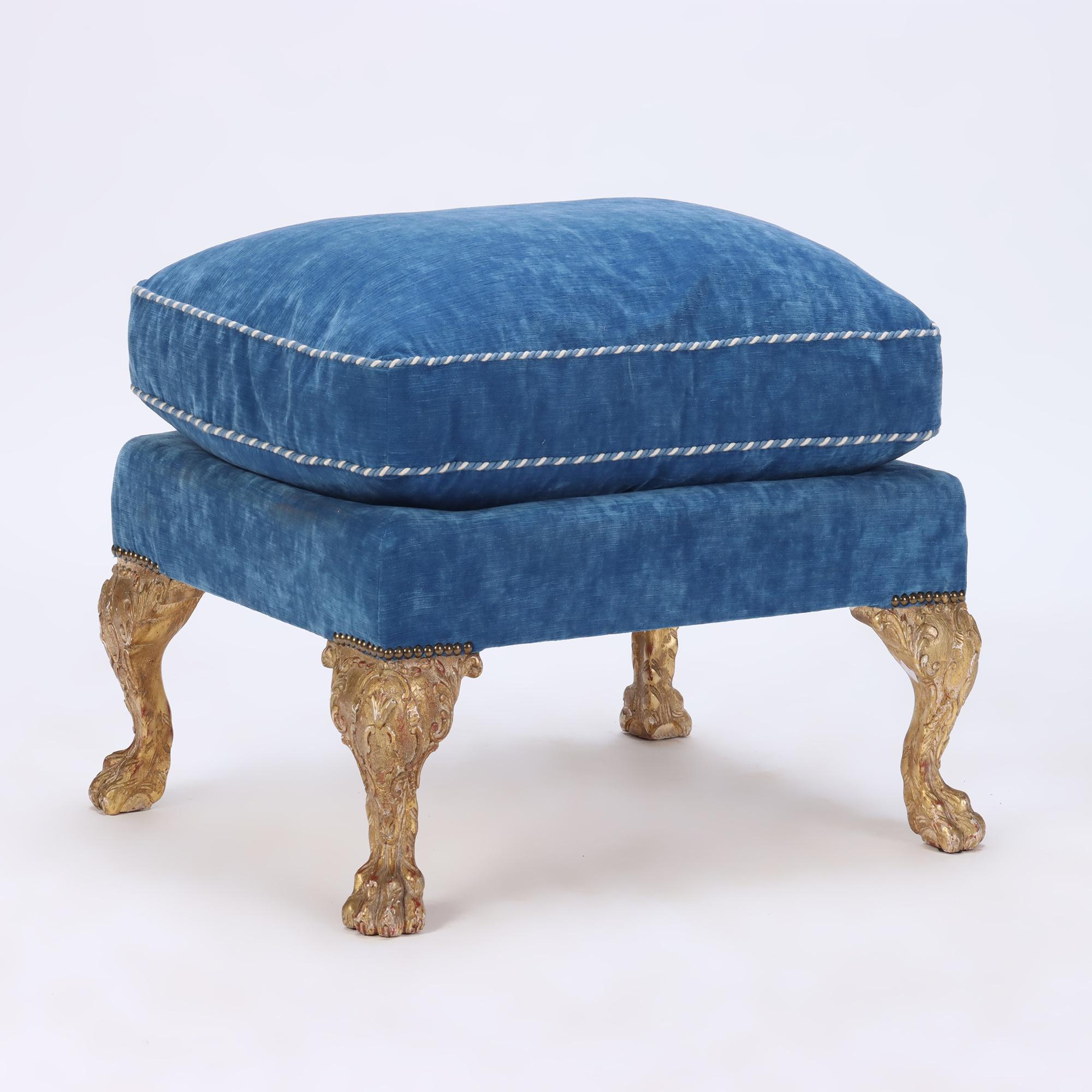 Early 20th Century Oversized and Exaggerated Blue Upholstered Wing Chair and Ottoman C 1900