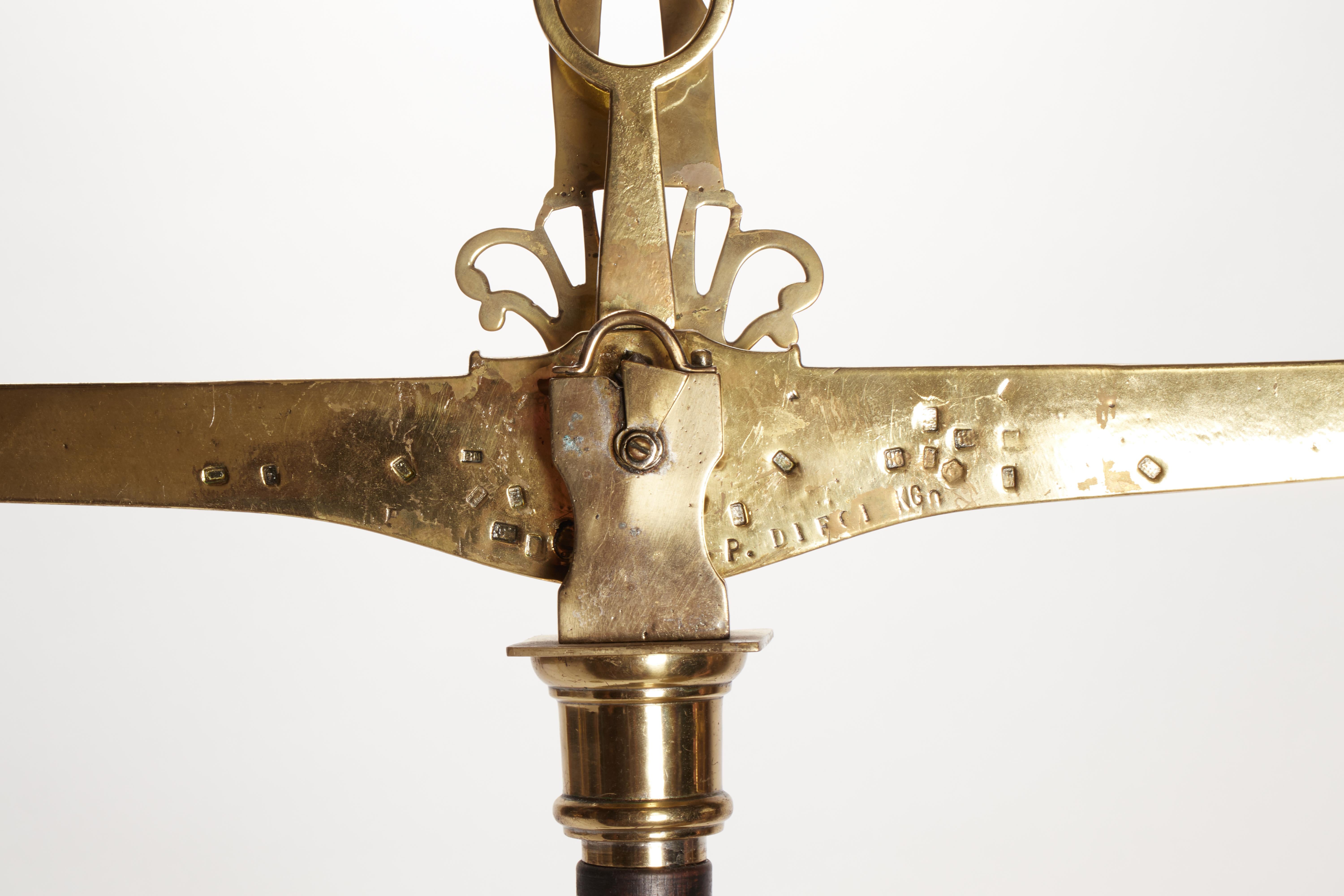 Italian An oversized brass silk scale with wooden stand, Italy 1850. For Sale