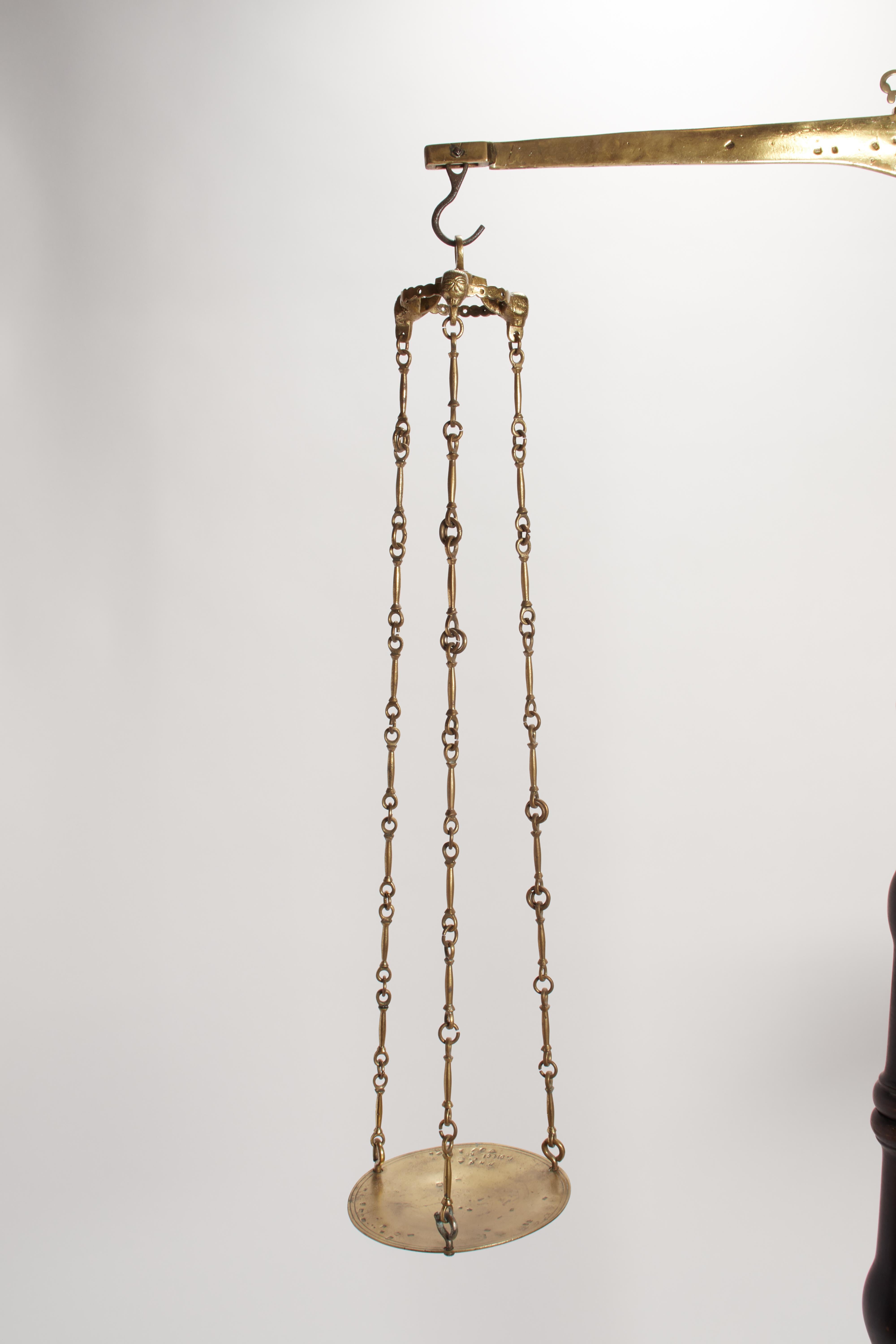 19th Century An oversized brass silk scale with wooden stand, Italy 1850. For Sale