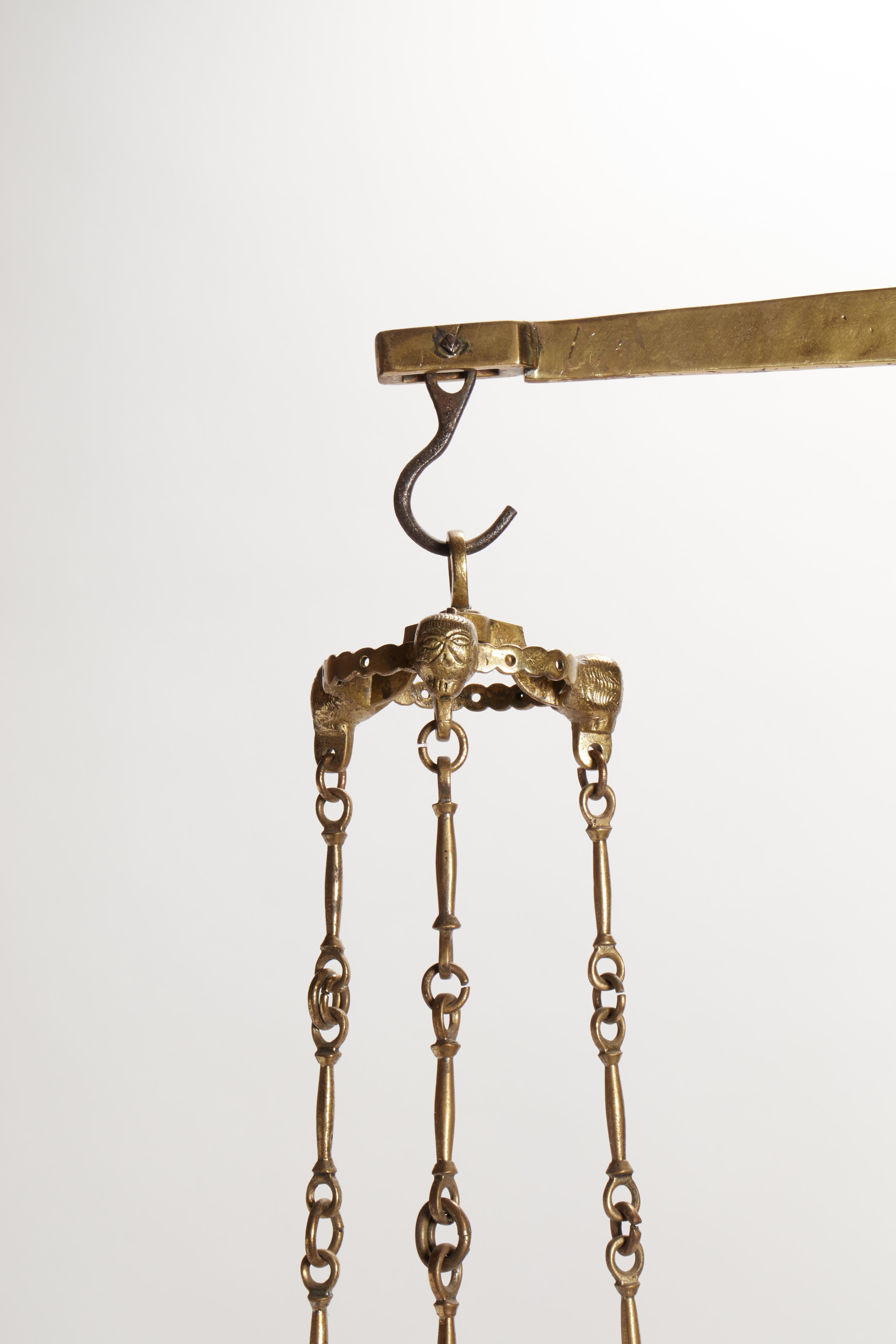 Brass An oversized brass silk scale with wooden stand, Italy 1850. For Sale
