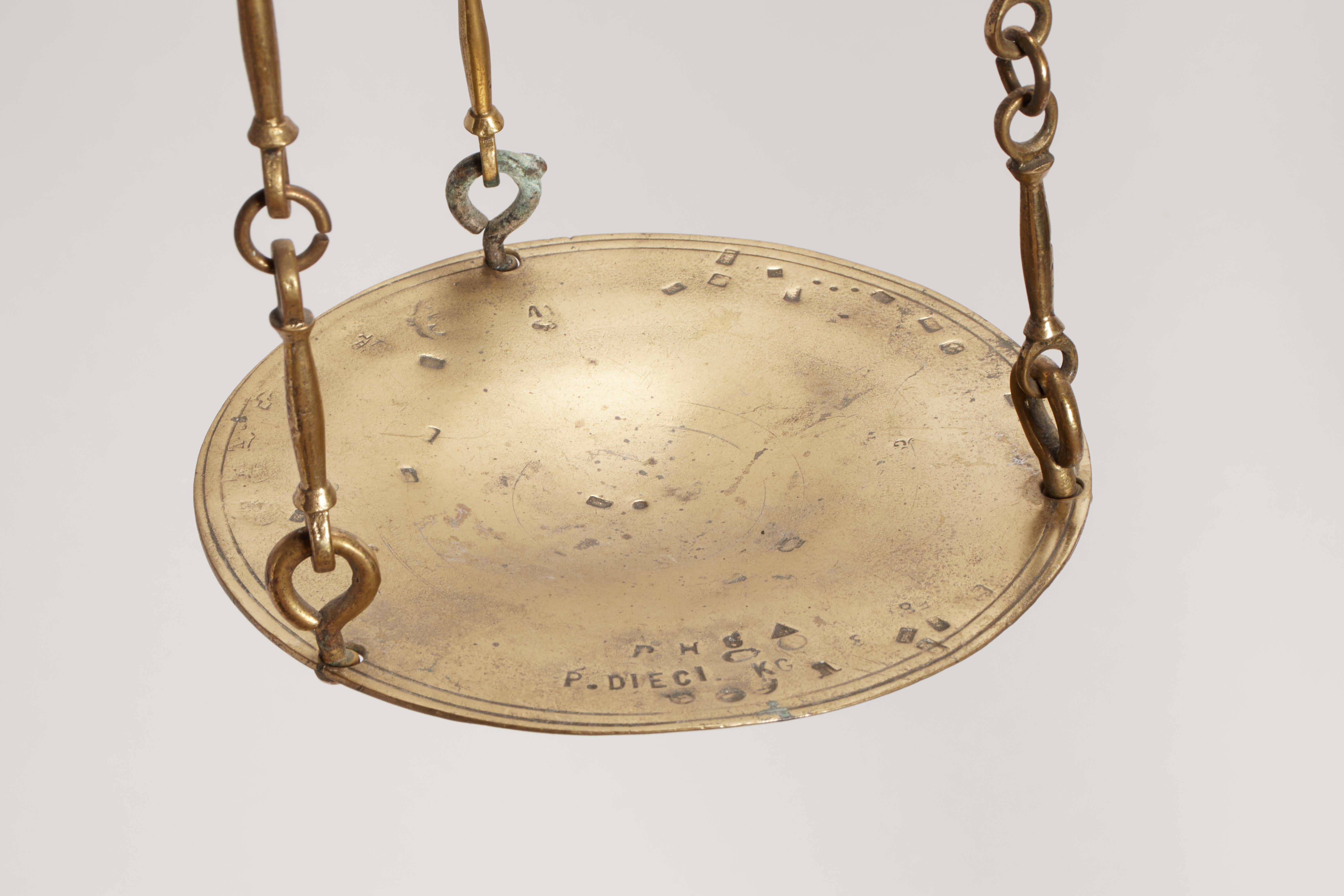 An oversized brass silk scale with wooden stand, Italy 1850. For Sale 1