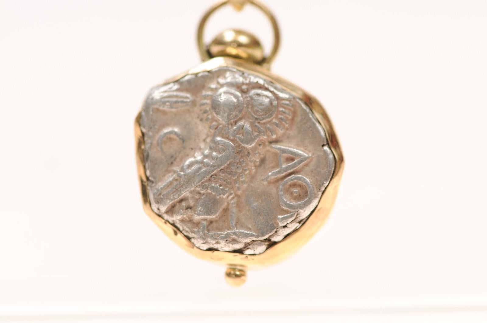 Classical Greek An Owl [coin] Pendant with Round Diamond in 18 karat gold For Sale