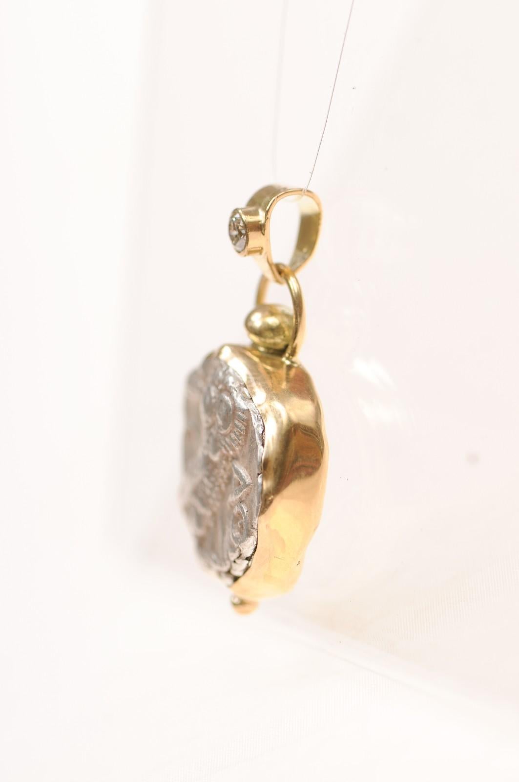 Women's or Men's An Owl [coin] Pendant with Round Diamond in 18 karat gold For Sale