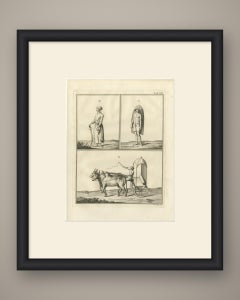 An Ox Carriage and Two Standing Figures, Antique Niebuhr Print, 1780