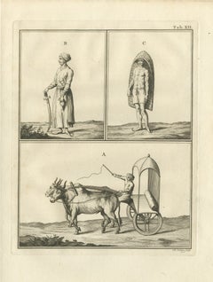 An Ox Carriage and Two Standing Figures, Antique Niebuhr Print, 1780