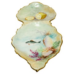 An Oyster or Seafood Plate, Antique Limoges Circa 1900. Hand Painted Signed