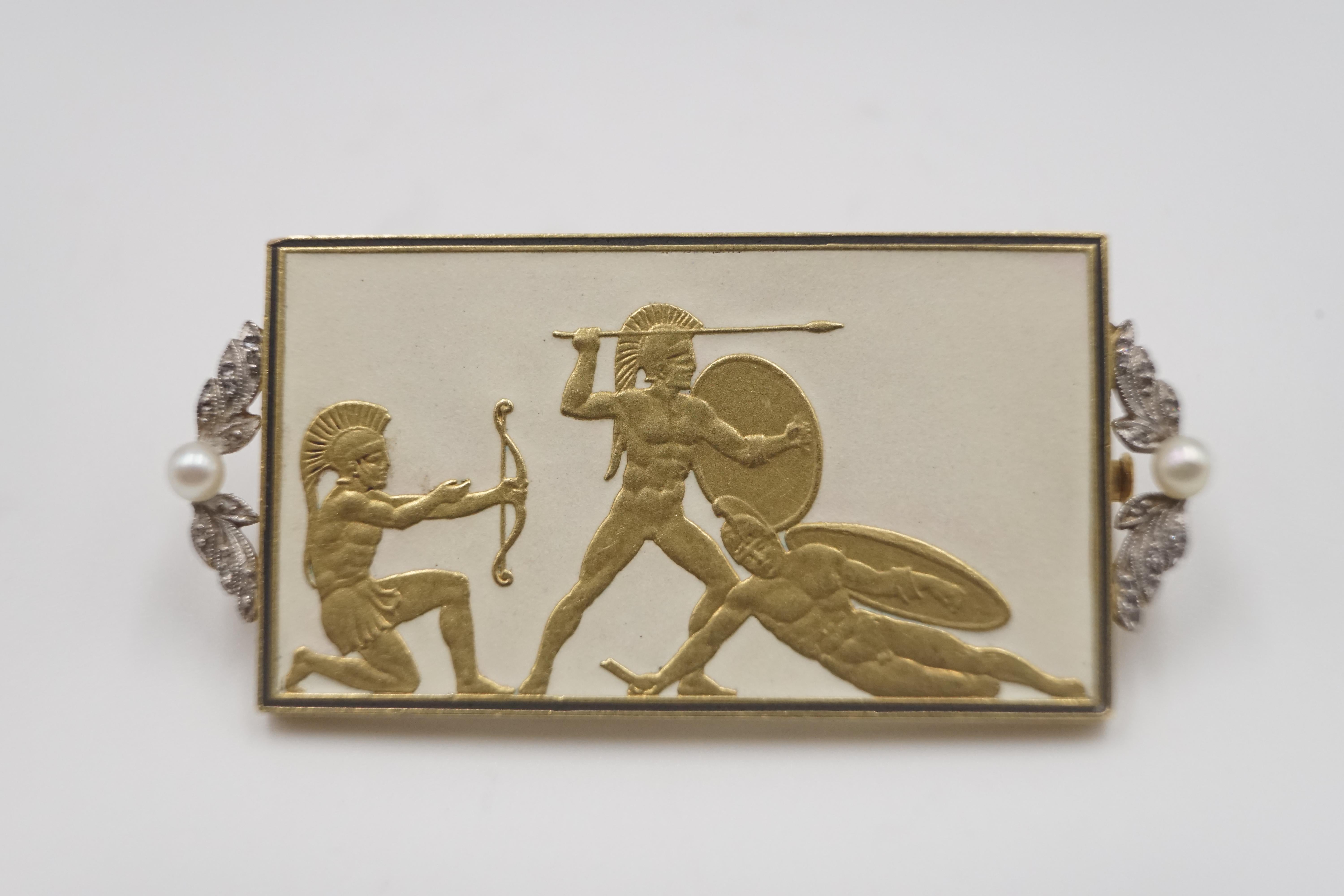 Women's or Men's Rare Art Nouveau Gold and Diamond Greek 'Spartan' Soldier Brooch