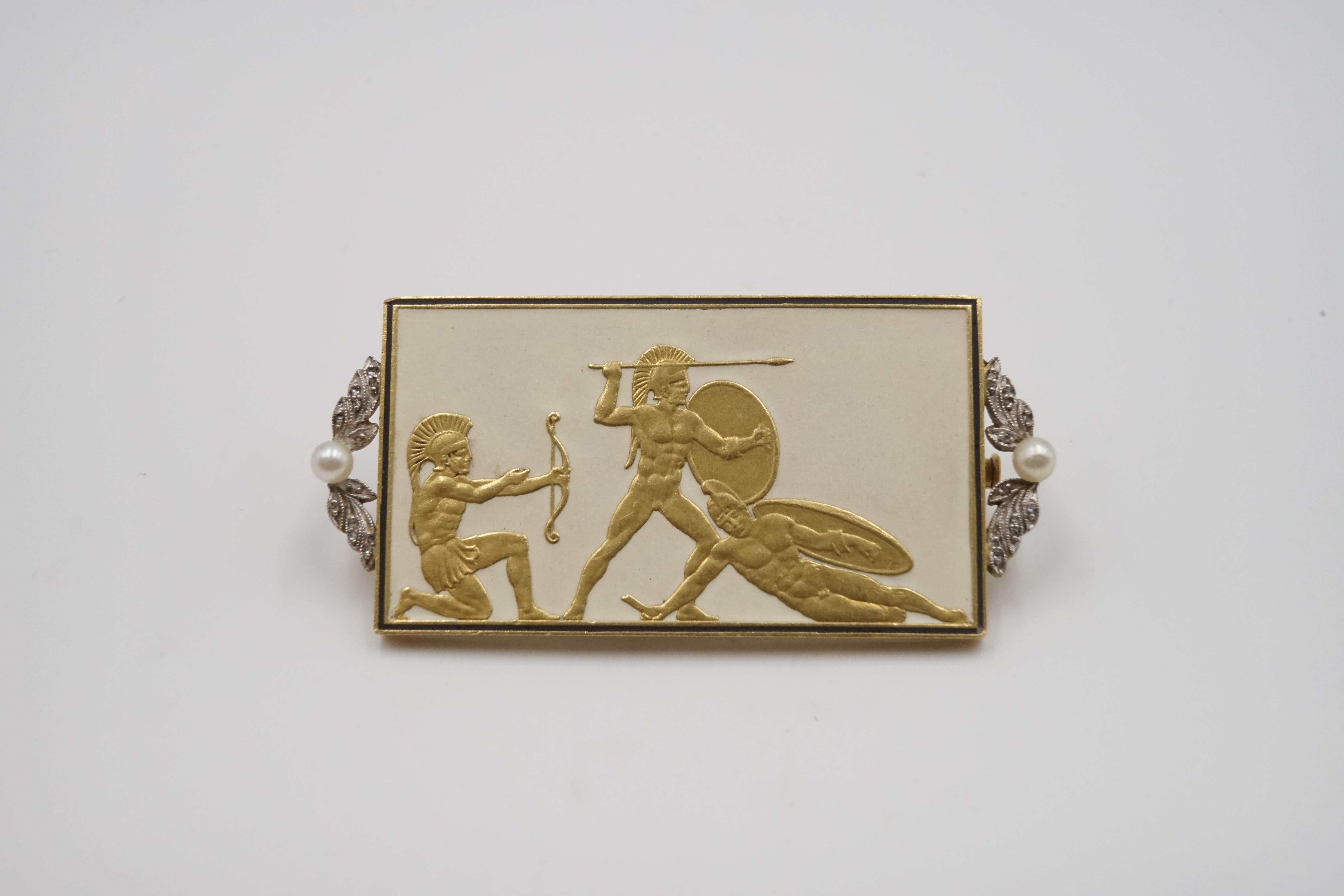 Rare Art Nouveau Gold and Diamond Greek 'Spartan' Soldier Brooch 1
