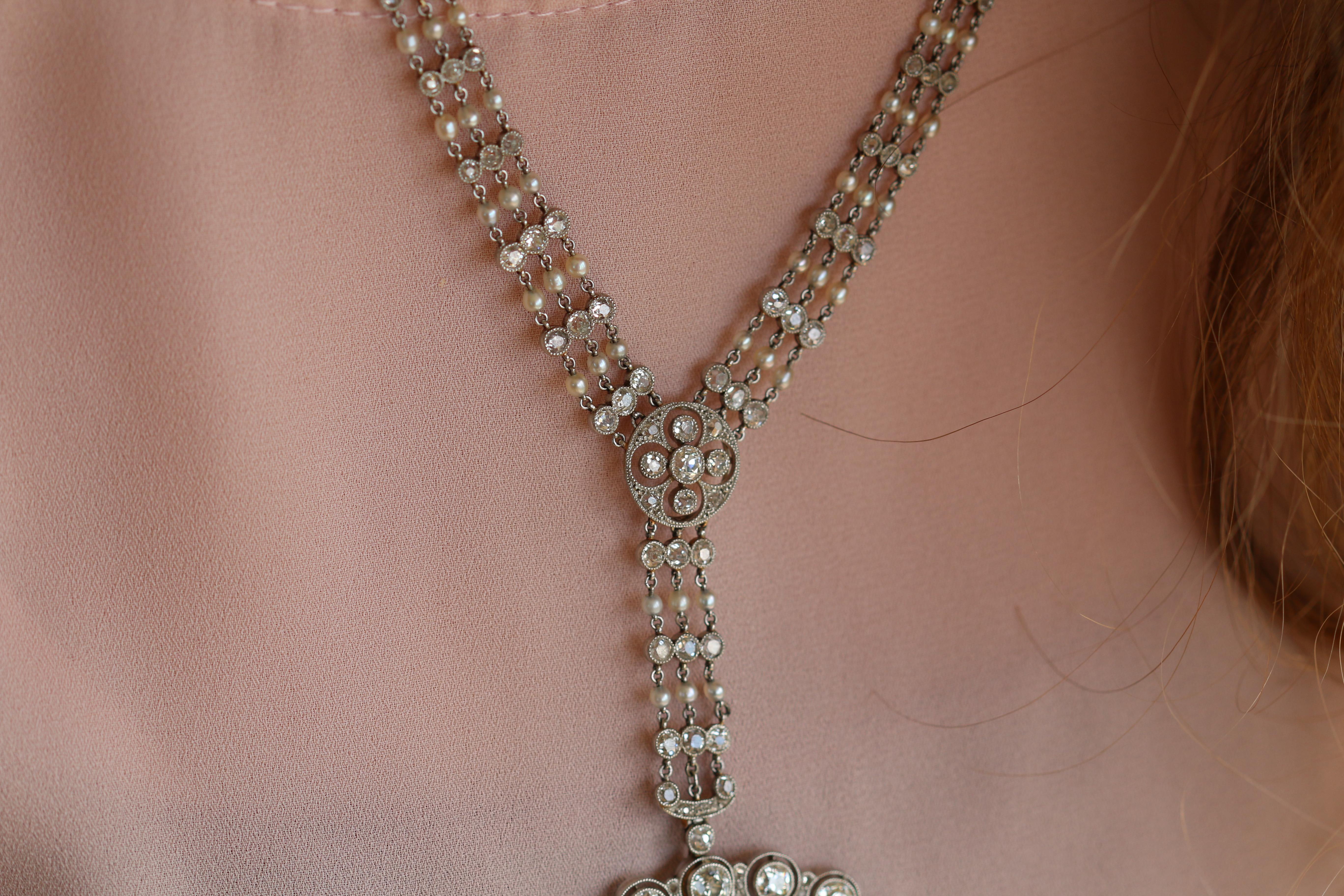 Rare Edwardian Platinum Diamond and Seed Pearl Pendant Necklace, circa 1910 For Sale 1