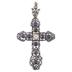 An Sapphire Diamond Silver And Gold Cross Pendant