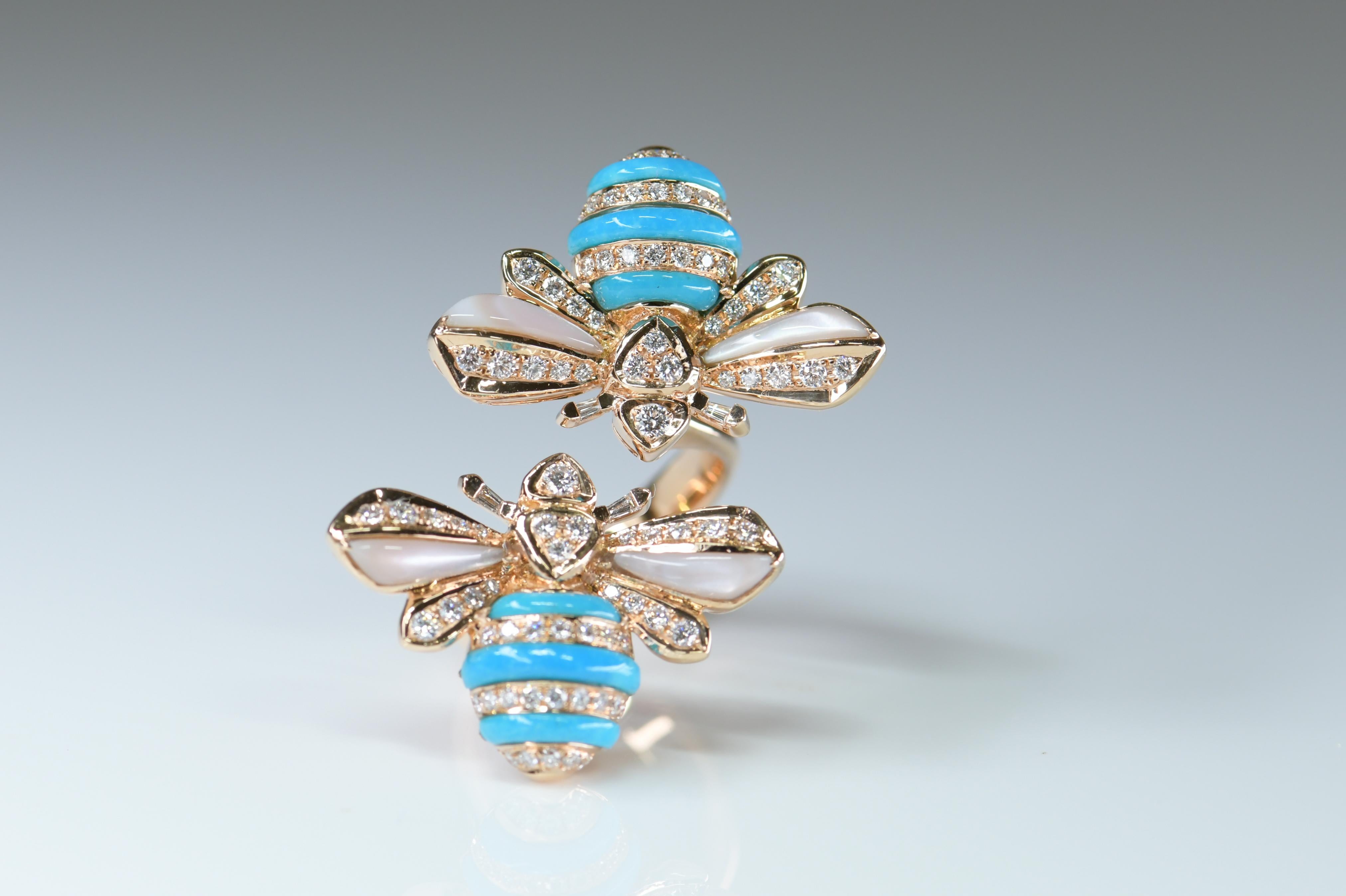 Turquoise Diamond 18 Karat Rose Gold Bee Ring In Excellent Condition In Banbury, GB