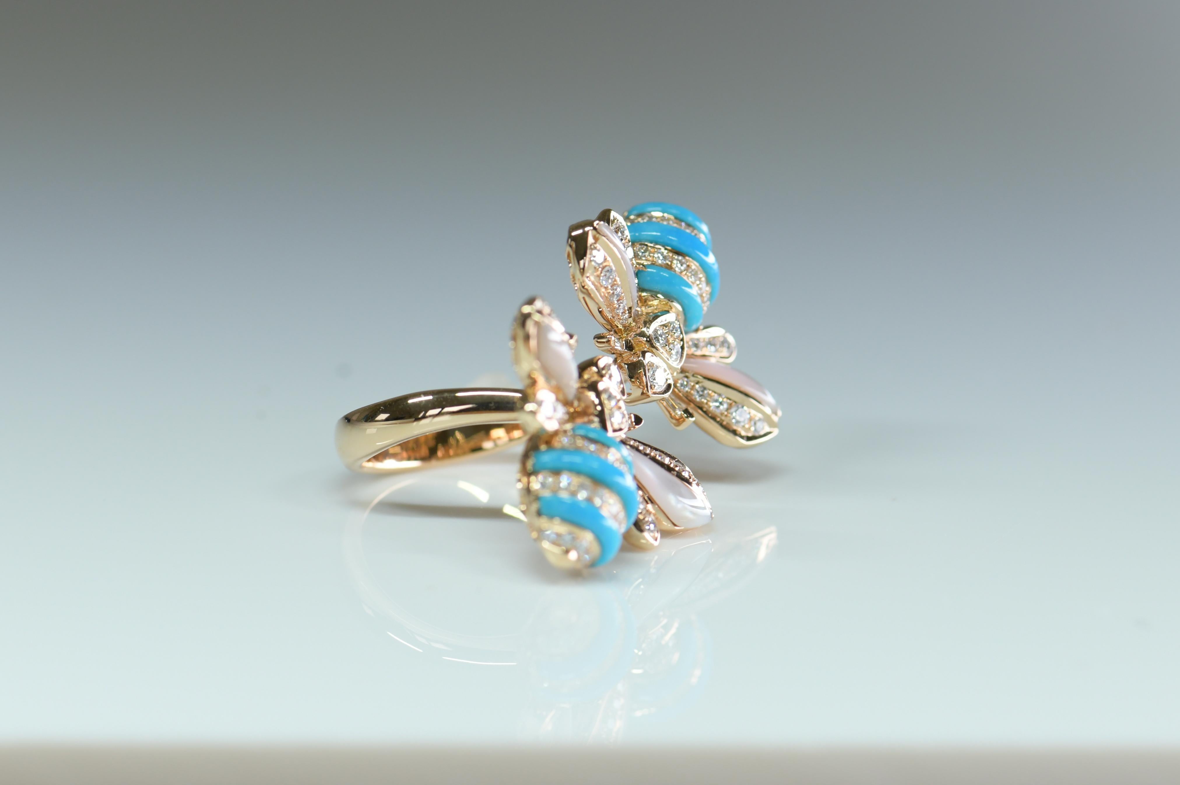 Women's or Men's Turquoise Diamond 18 Karat Rose Gold Bee Ring