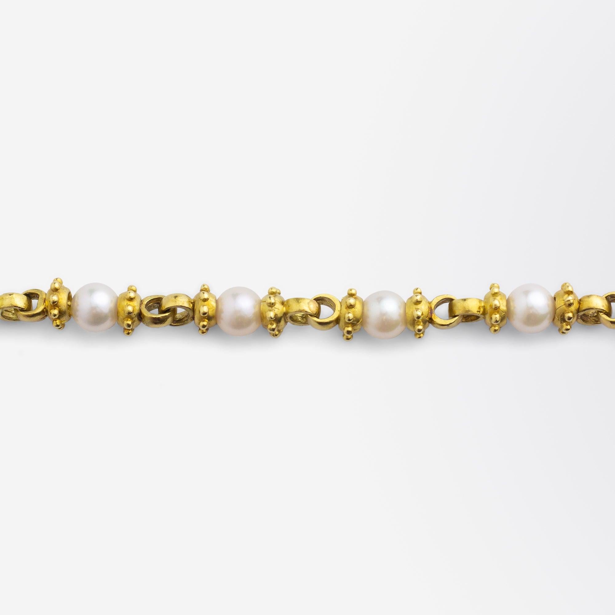 Modern Unusual 18 Karat Yellow Gold, Diamond & Pearl Bracelet