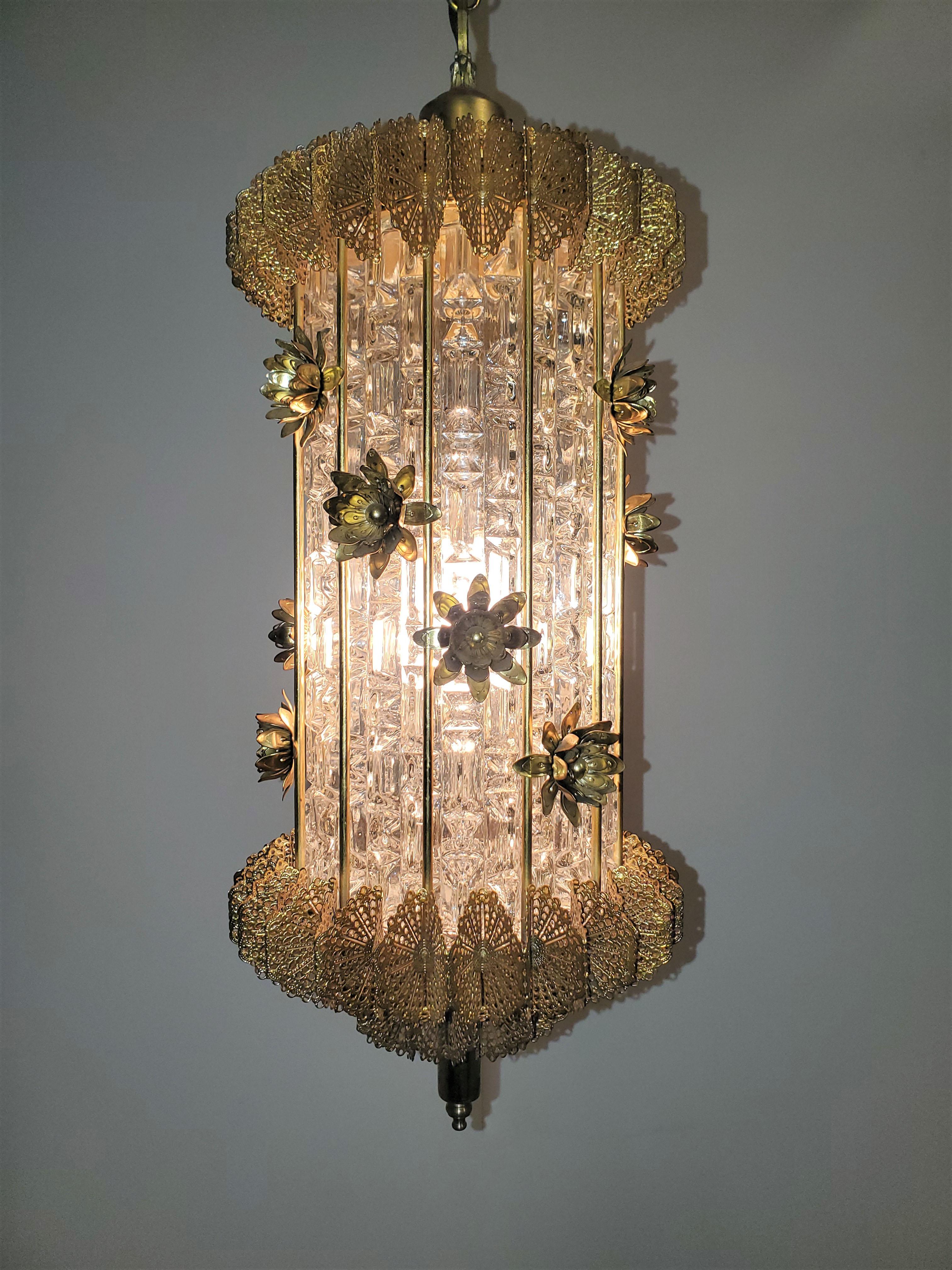 Unusual 1960's Gilt Steel and Glass Chandelier / Lantern with Flowers For Sale 3