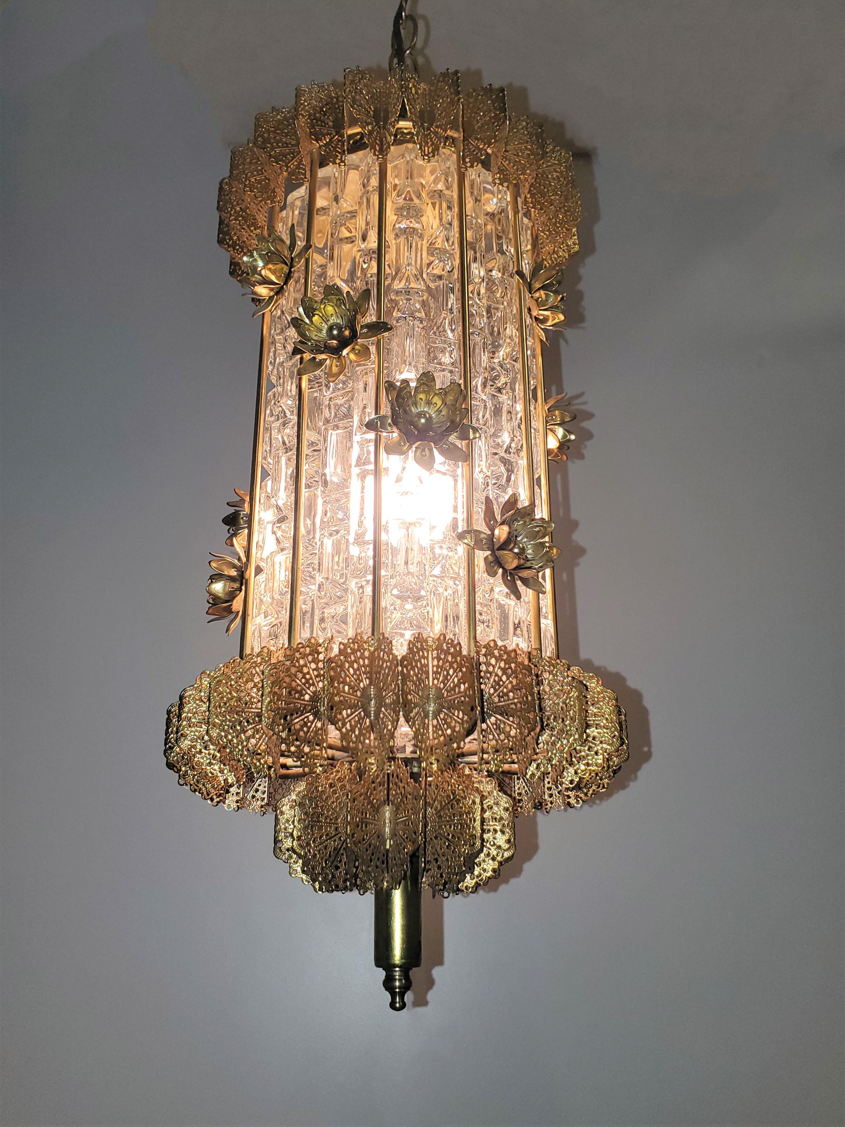 Unusual 1960's Gilt Steel and Glass Chandelier / Lantern with Flowers For Sale 4