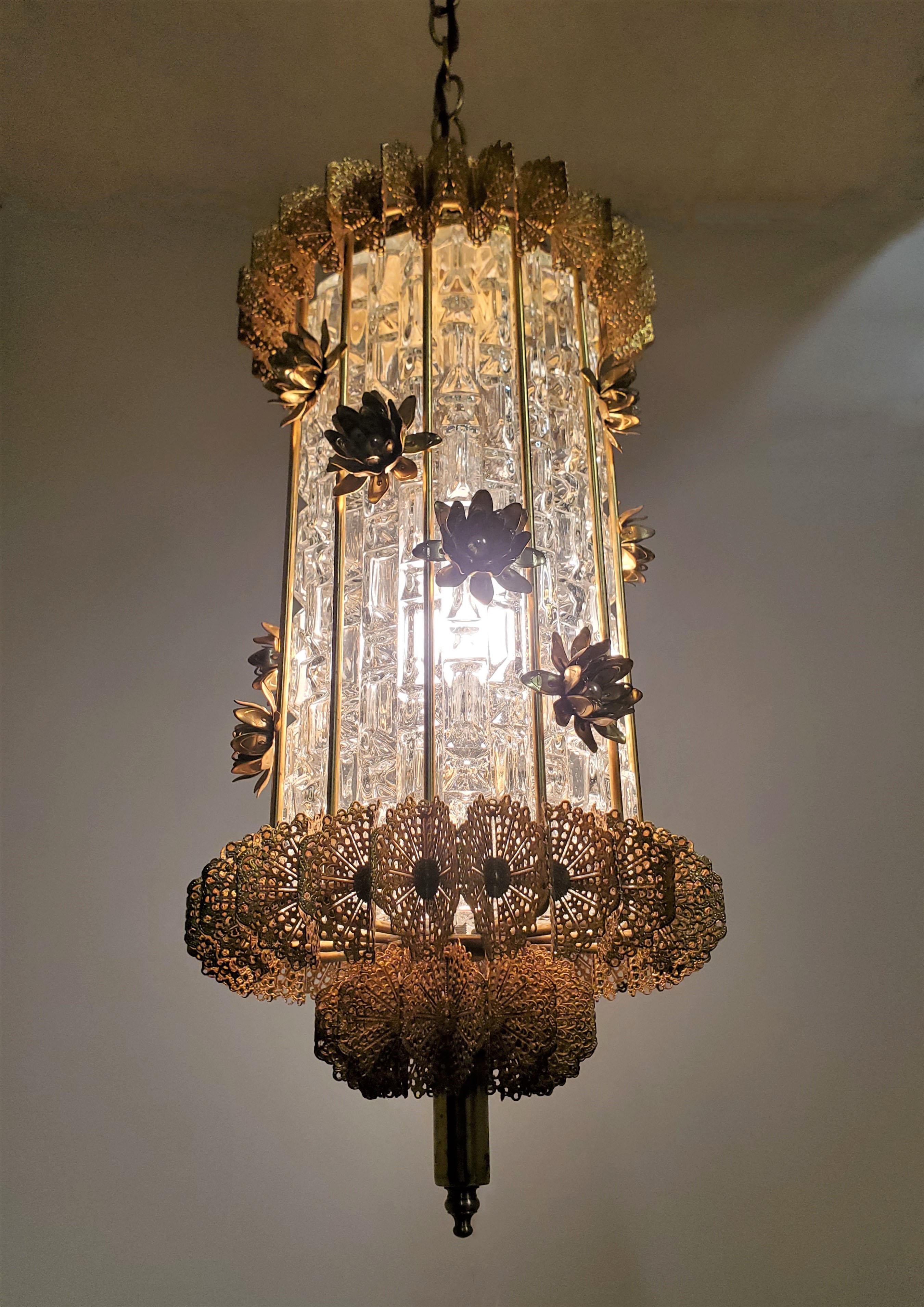 Unusual 1960's Gilt Steel and Glass Chandelier / Lantern with Flowers For Sale 5