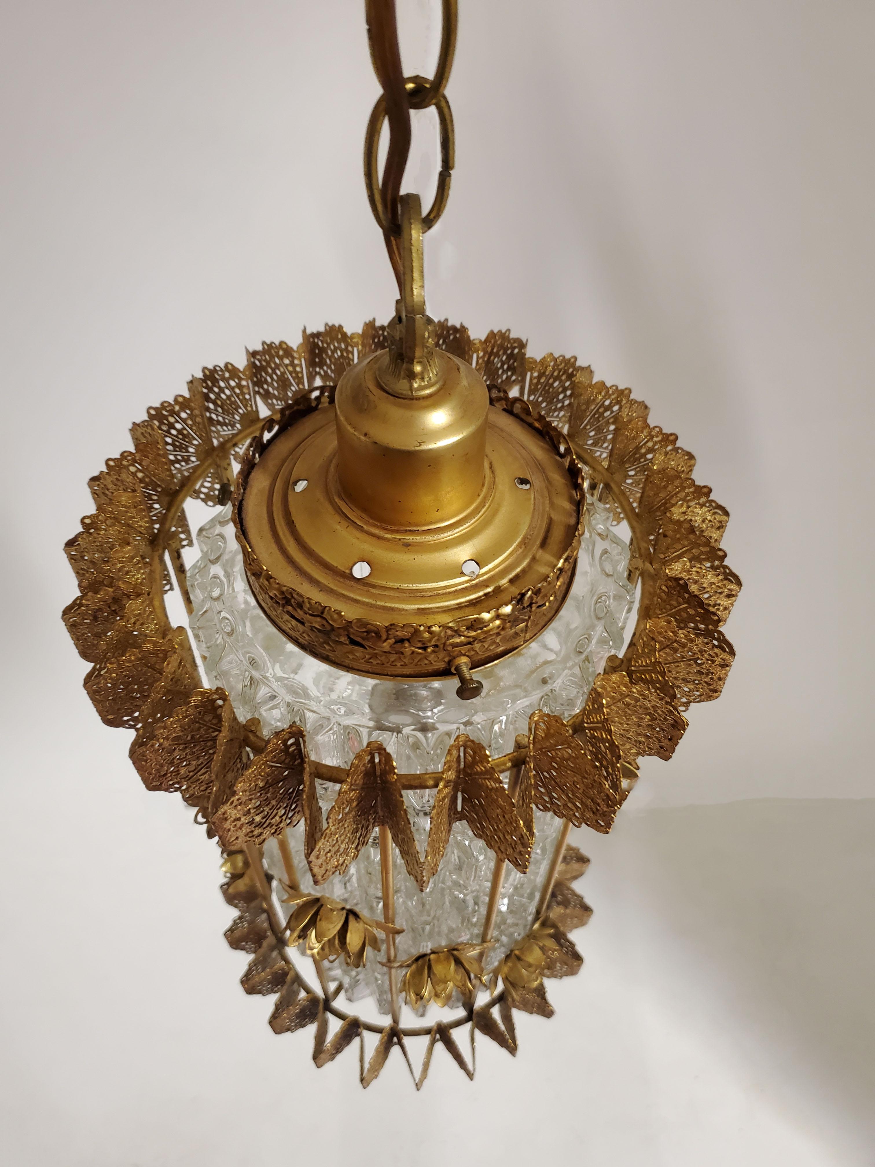 Unusual 1960's Gilt Steel and Glass Chandelier / Lantern with Flowers For Sale 9