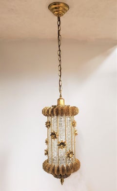 Unusual 1960's Gilt Steel and Glass Chandelier / Lantern with Flowers