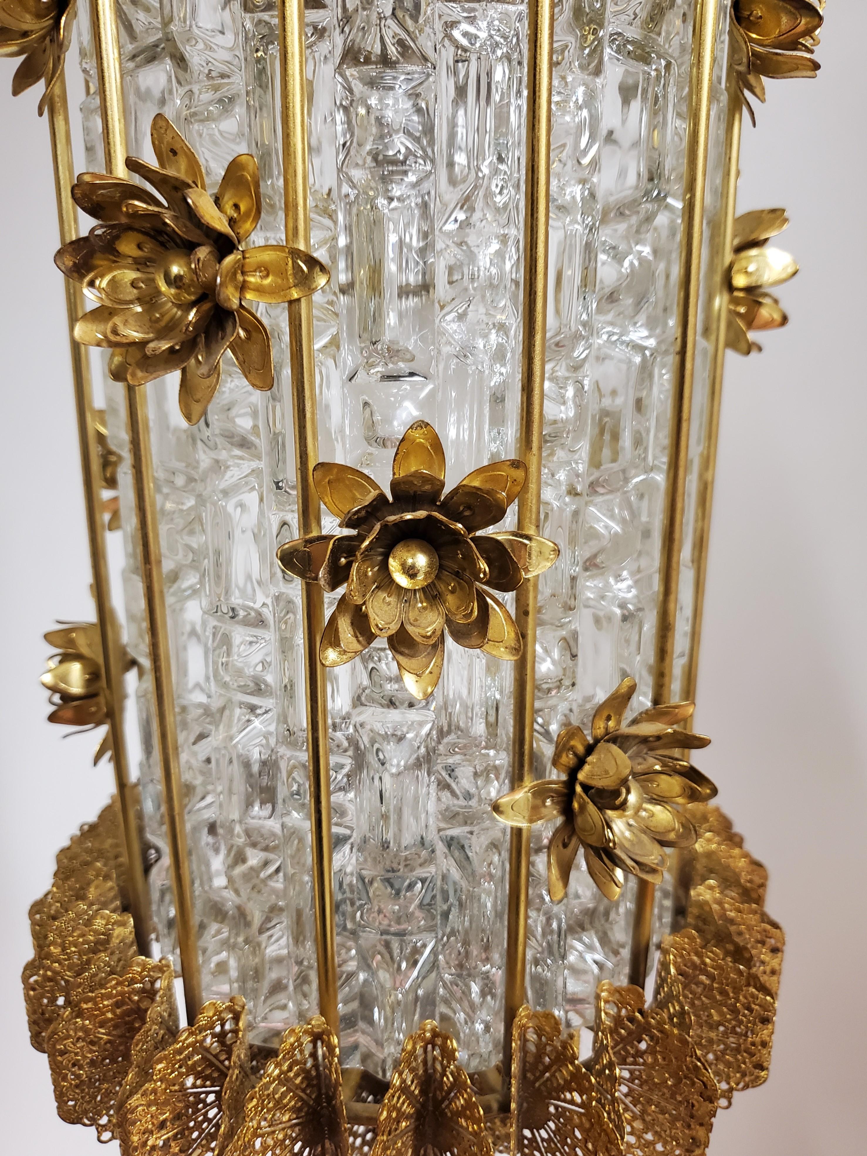 Mid-Century Modern Unusual 1960's Gilt Steel and Glass Chandelier / Lantern with Flowers For Sale