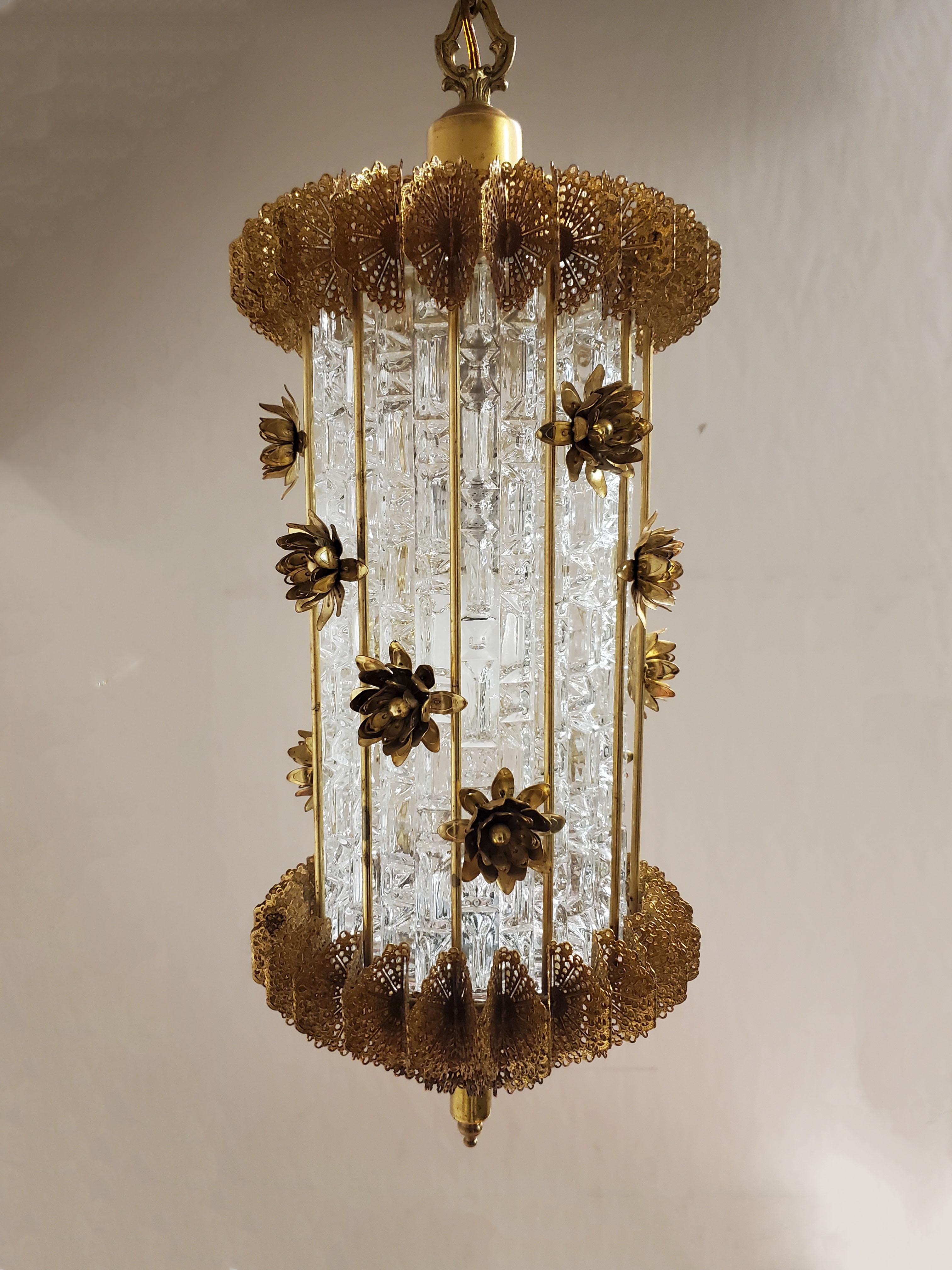 American Unusual 1960's Gilt Steel and Glass Chandelier / Lantern with Flowers For Sale