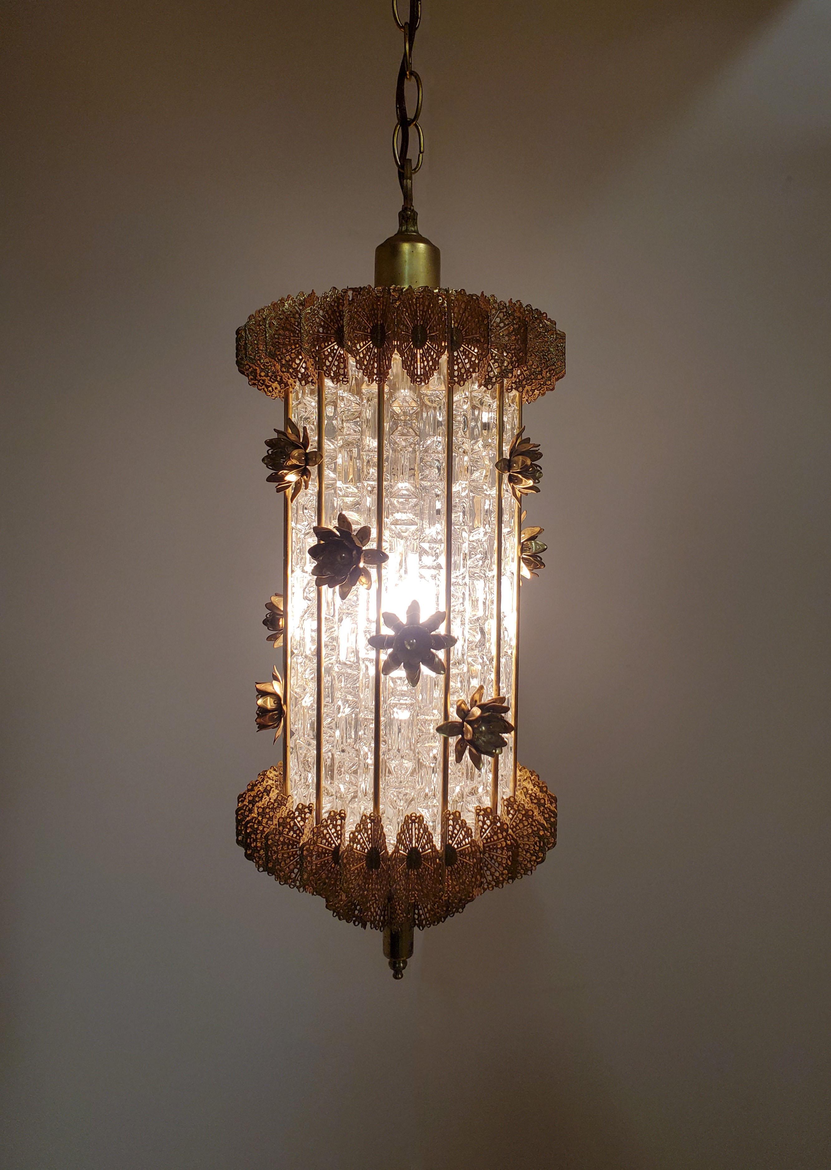 Unusual 1960's Gilt Steel and Glass Chandelier / Lantern with Flowers In Good Condition For Sale In New York City, NY