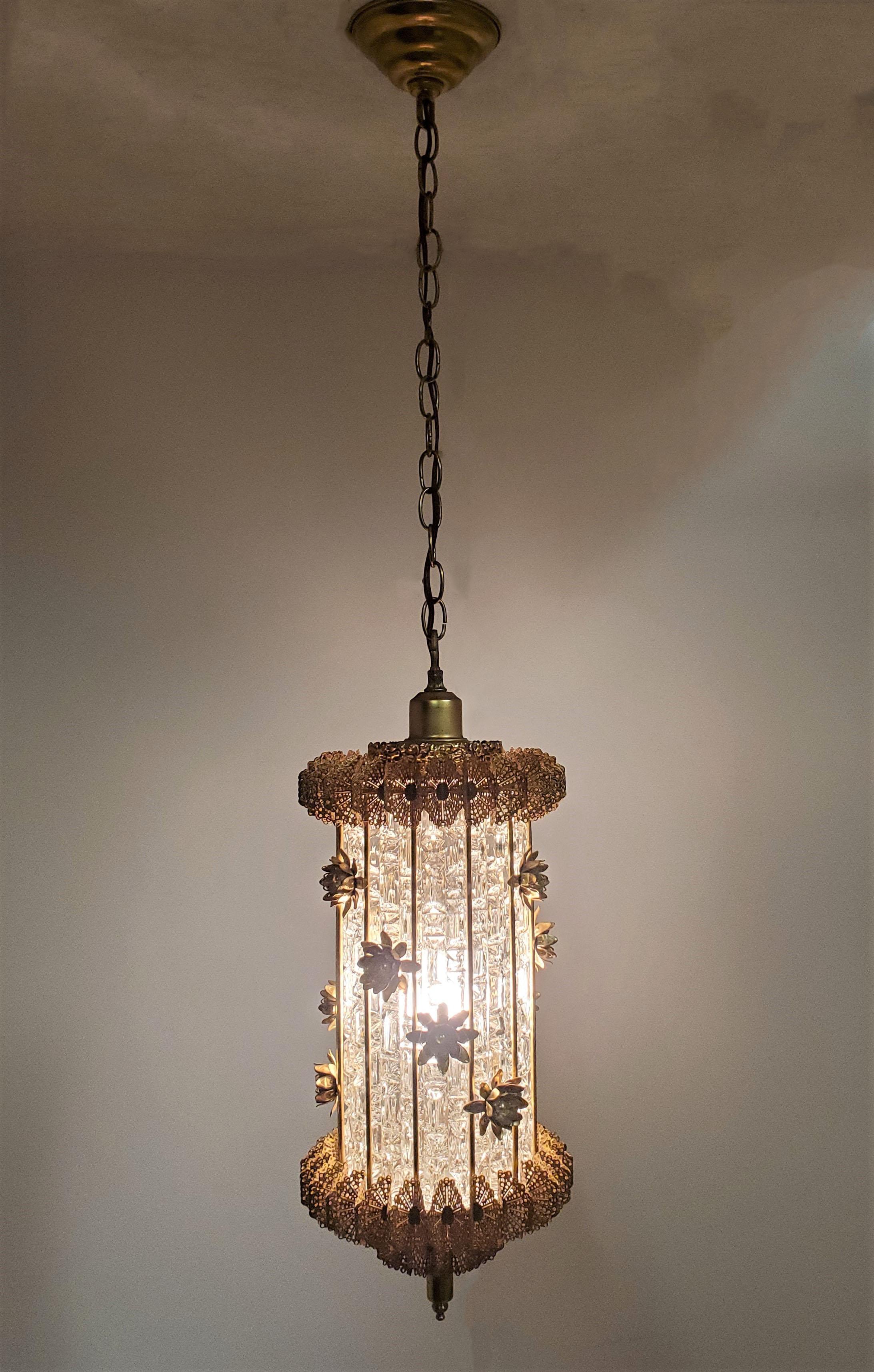20th Century Unusual 1960's Gilt Steel and Glass Chandelier / Lantern with Flowers For Sale