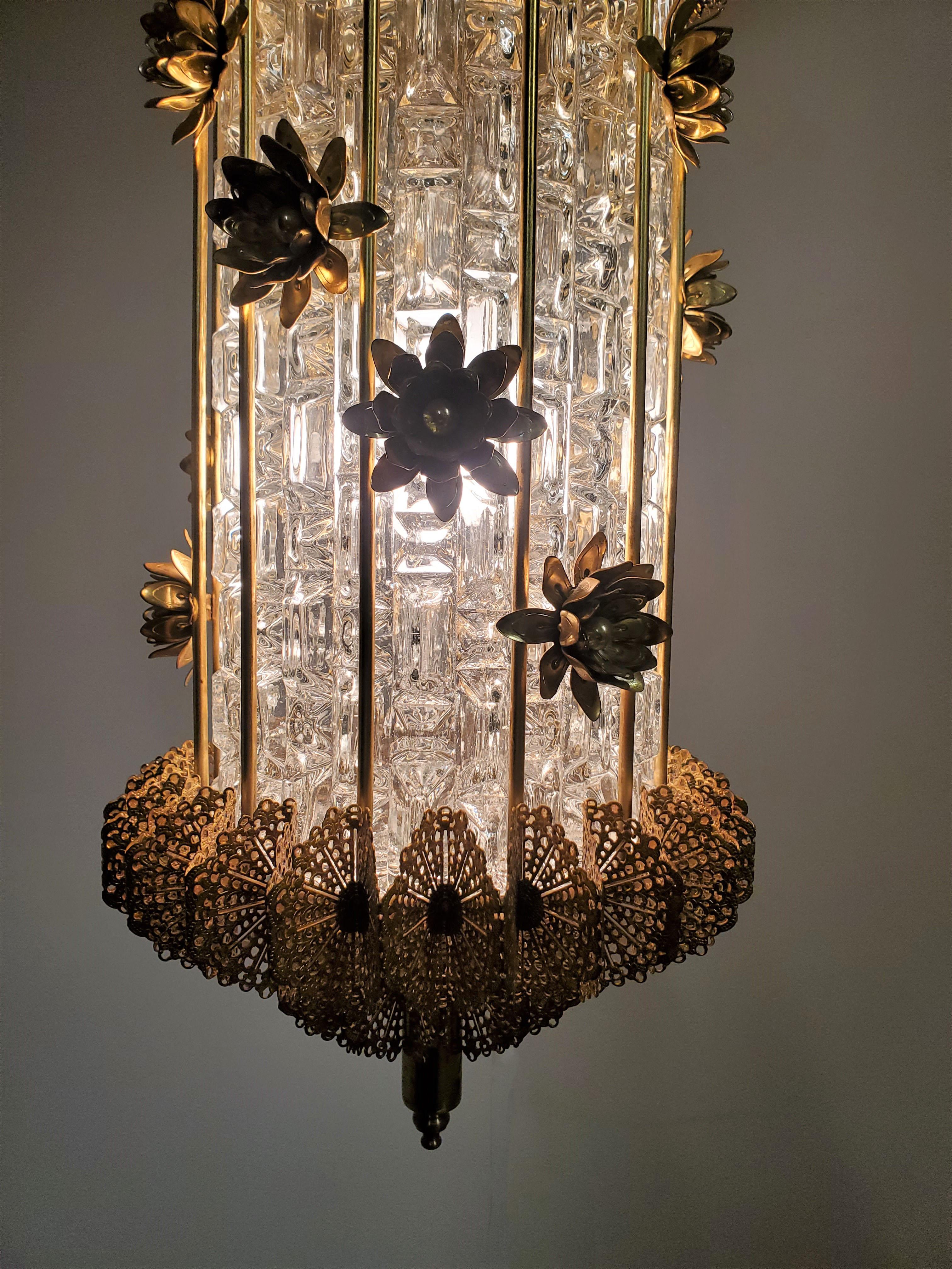 Brass Unusual 1960's Gilt Steel and Glass Chandelier / Lantern with Flowers For Sale