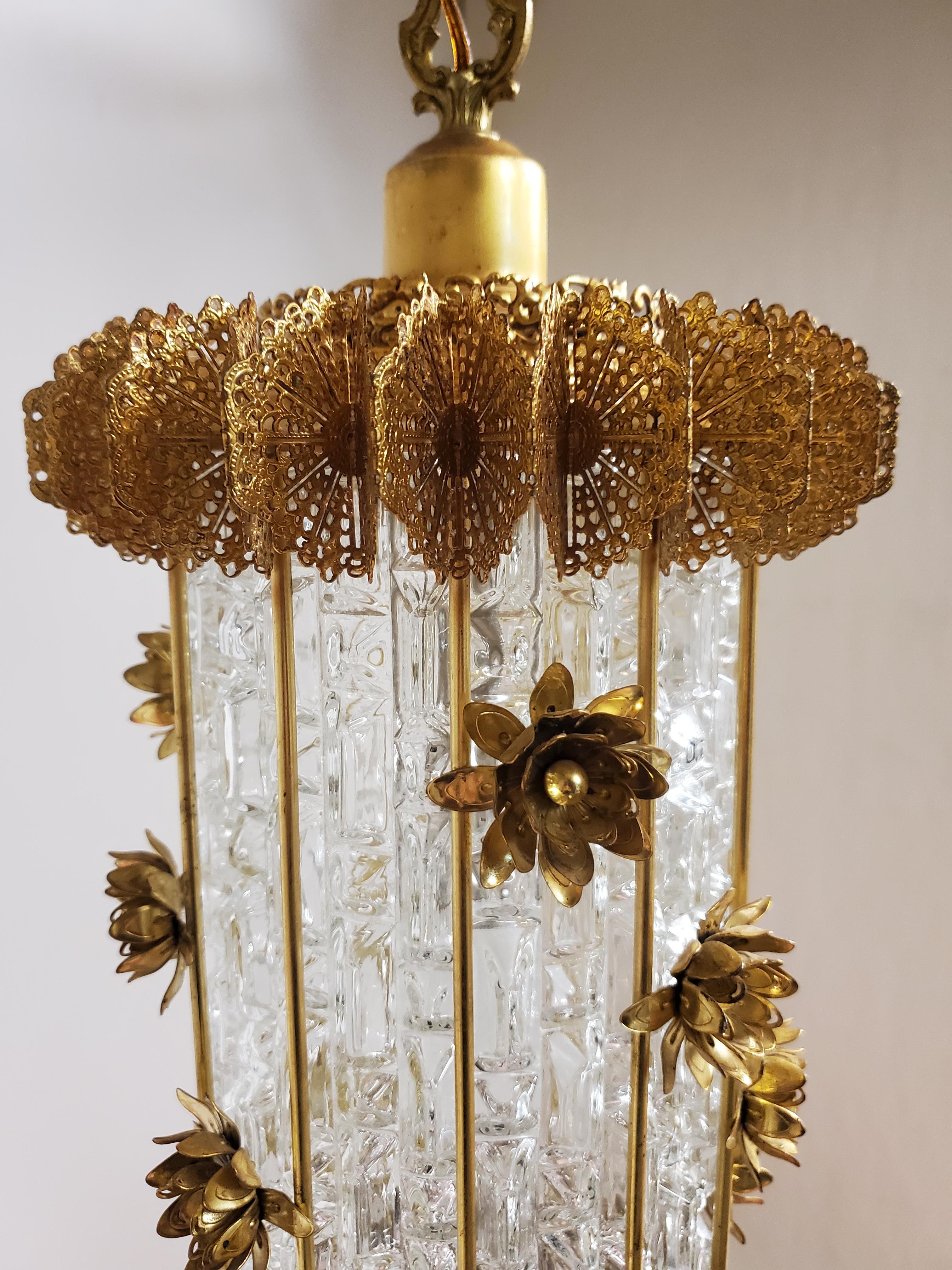 Unusual 1960's Gilt Steel and Glass Chandelier / Lantern with Flowers For Sale 1