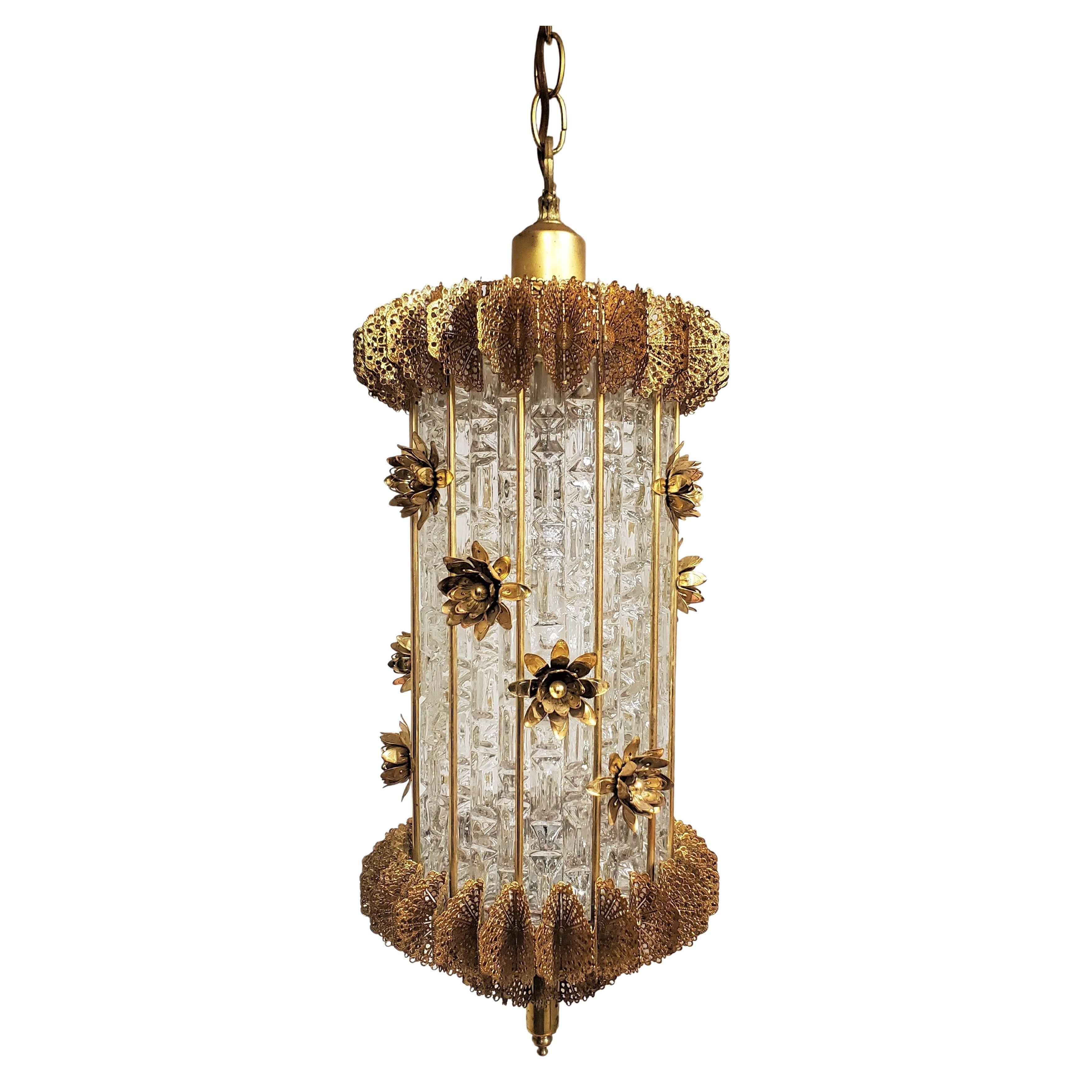 Unusual 1960's Gilt Steel and Glass Chandelier / Lantern with Flowers For Sale