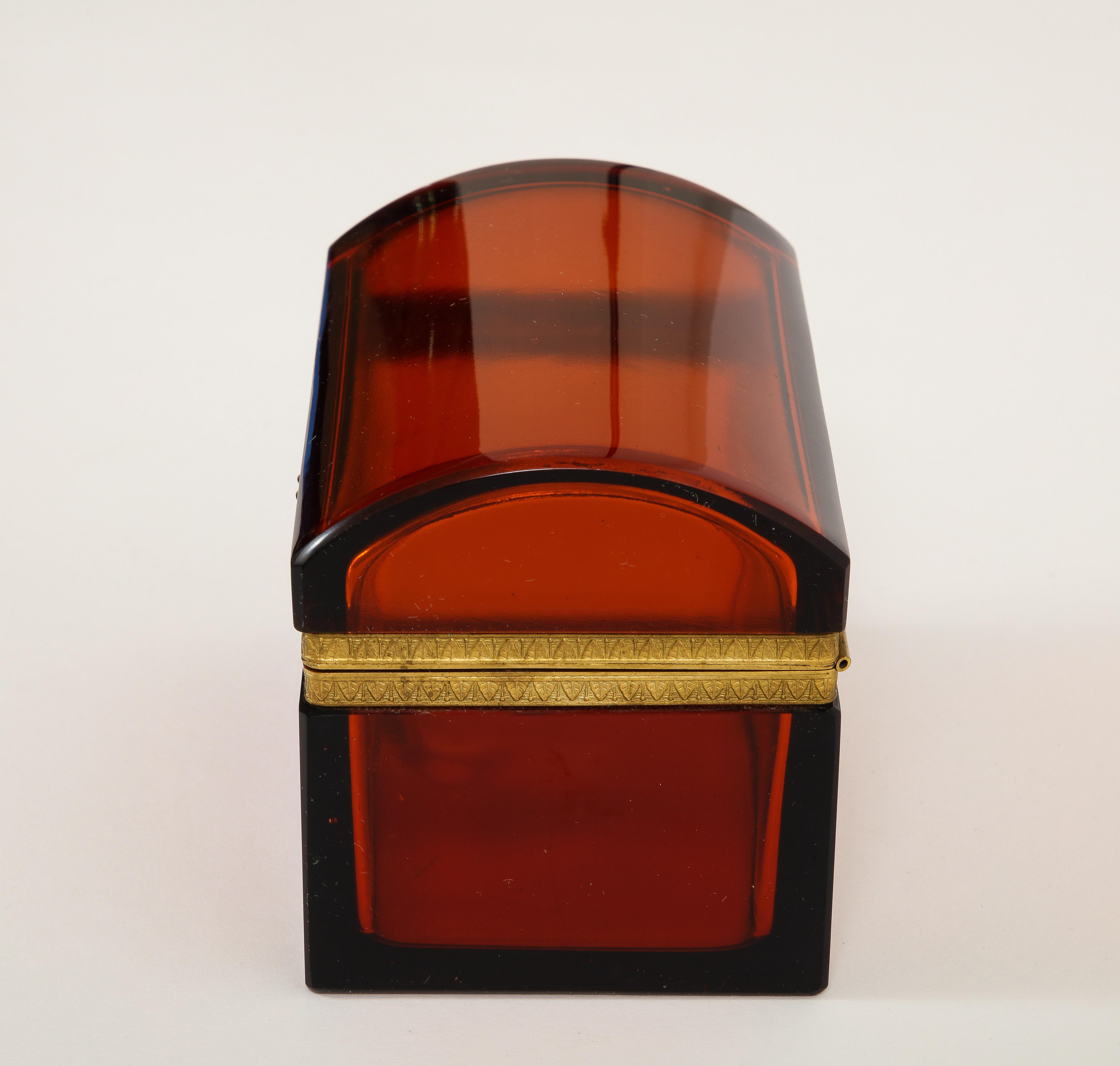 Hand-Carved An Unusual 19th Century French Dore Bronze Mounted Orange/Red Crystal Box For Sale