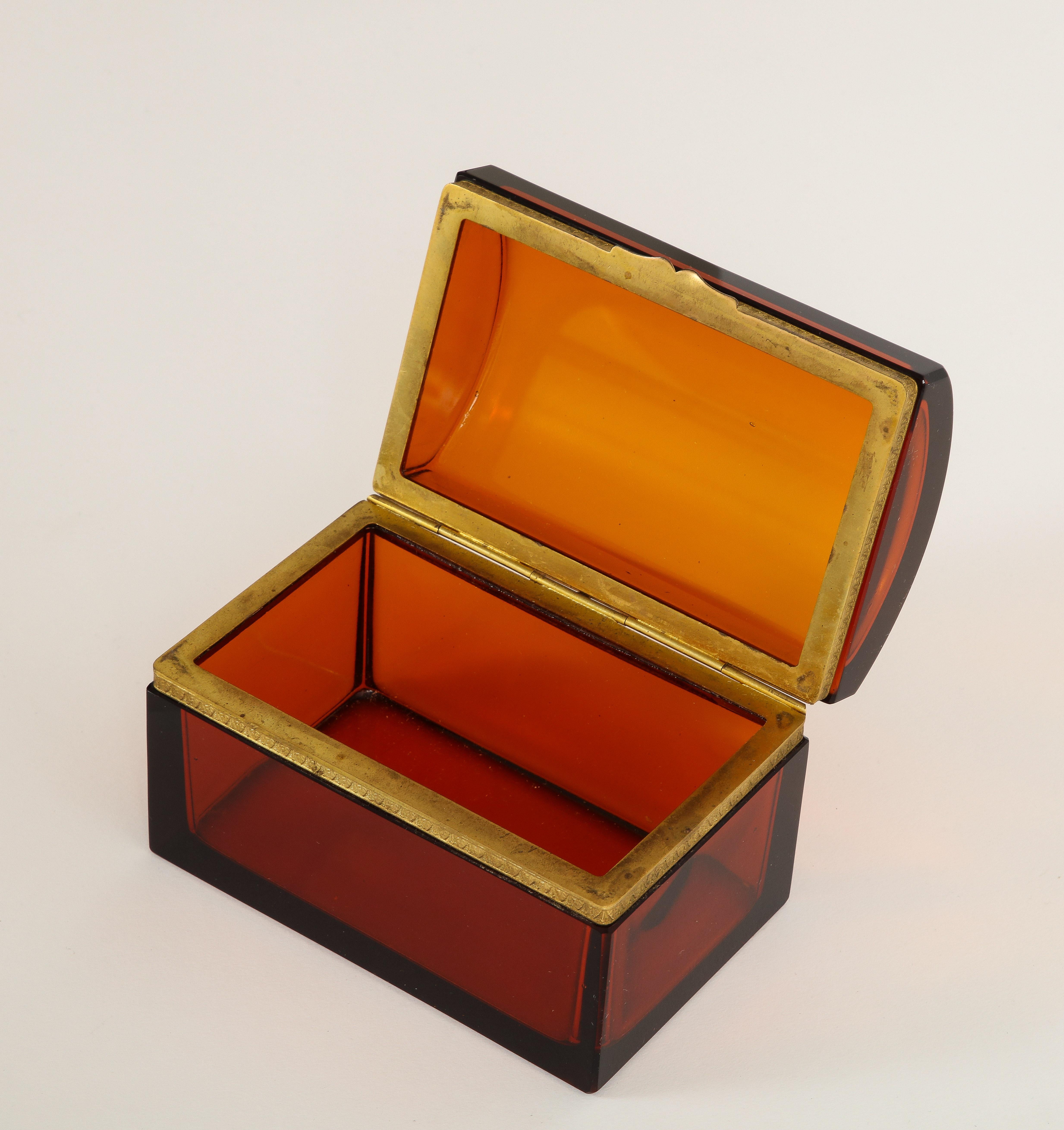 An Unusual 19th Century French Dore Bronze Mounted Orange/Red Crystal Box In Good Condition For Sale In New York, NY