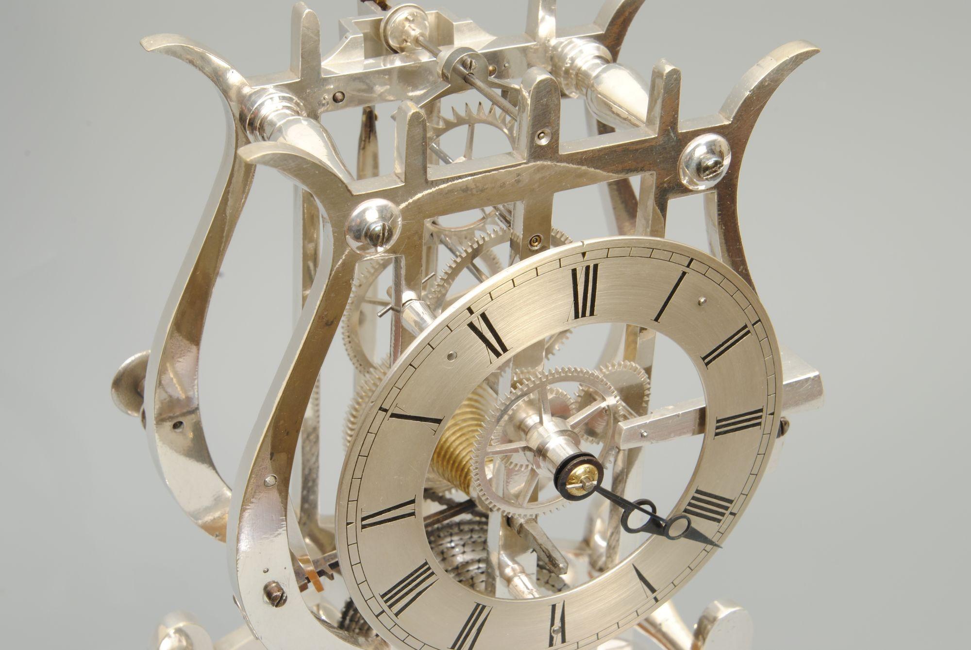 Unusual 19th Century Silvered Skeleton Clock For Sale 1