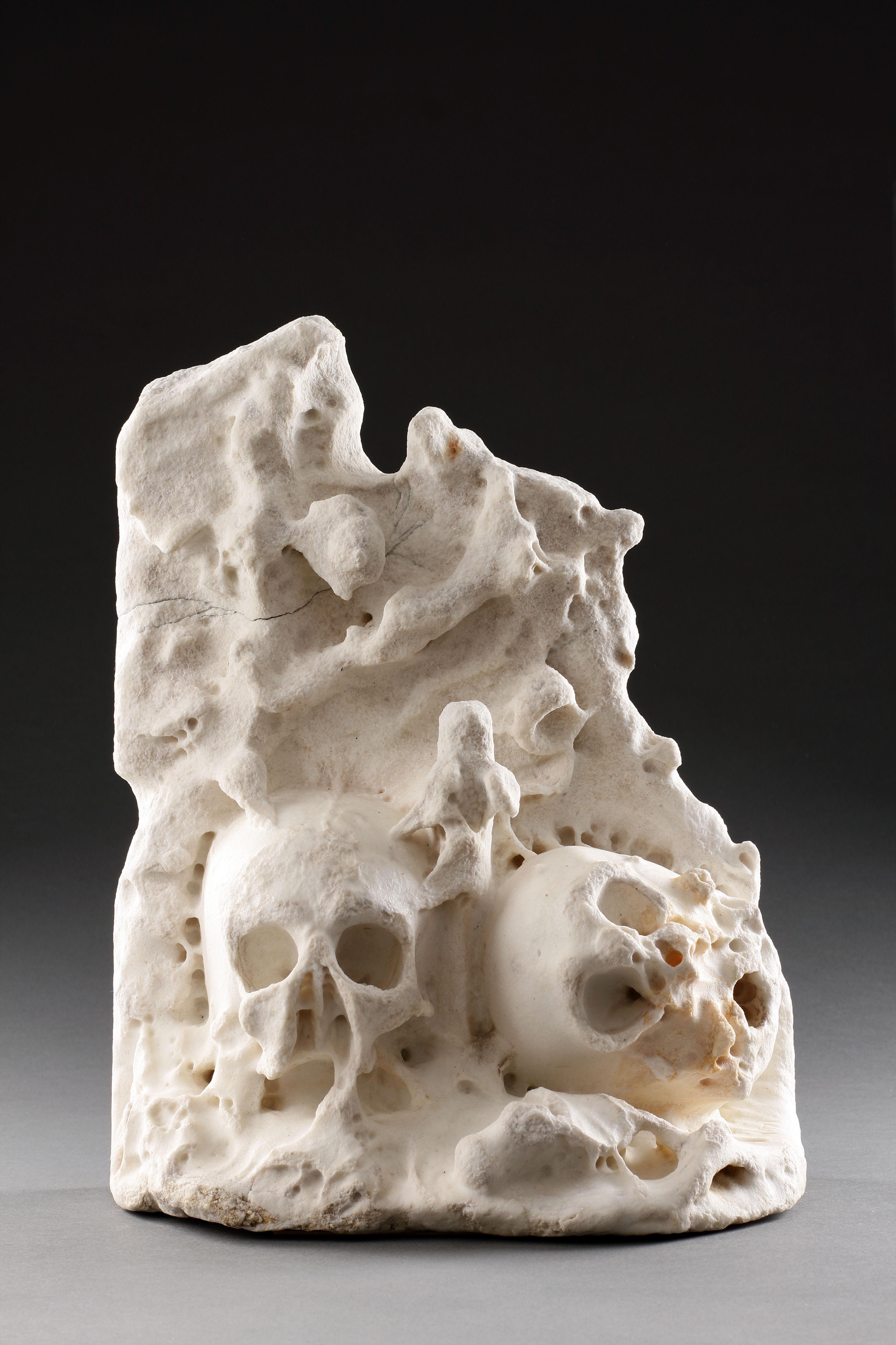 Ein ungewöhnlicher und seltener englischer 'Memento Mori'-Schrein mit zwei menschlichen Schädeln auf der Unterseite, eine geschnitzte 'Libelle' 
Marmor 
16. / 17. Jahrhundert 

England 

Größe: 36cm hoch, 28cm breit, 14cm tief - 14¼ ins hoch, 11 ins