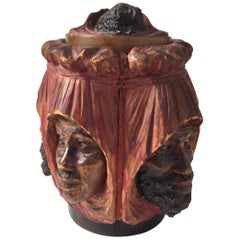 Humidificateur inhabituelle en bois dur et polychromé sculpté à la main avec six figures nomades