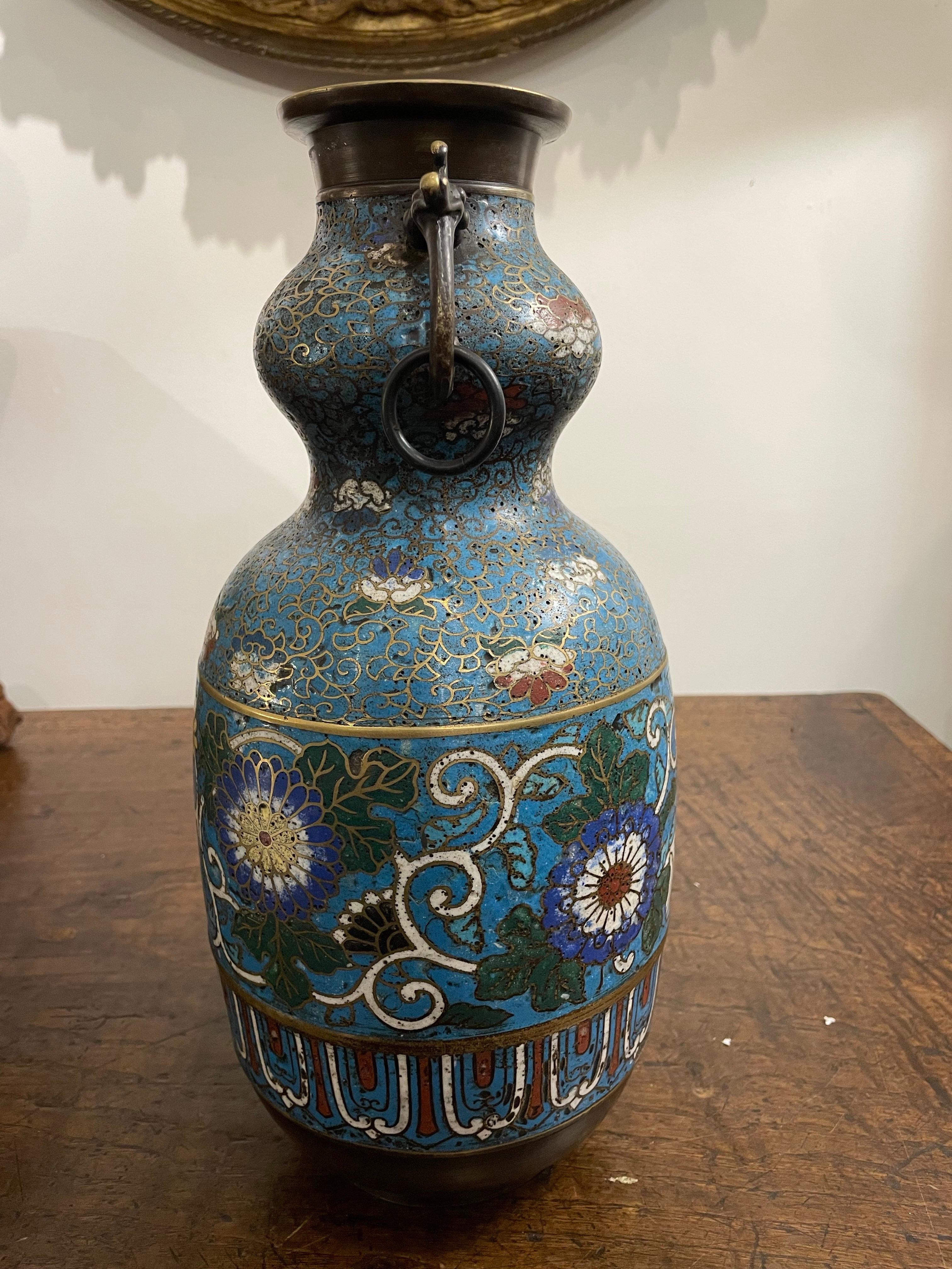 Qing An Unusual Chinese Cloisonne Vase with Elephant Shaped Handles, 19th Century For Sale