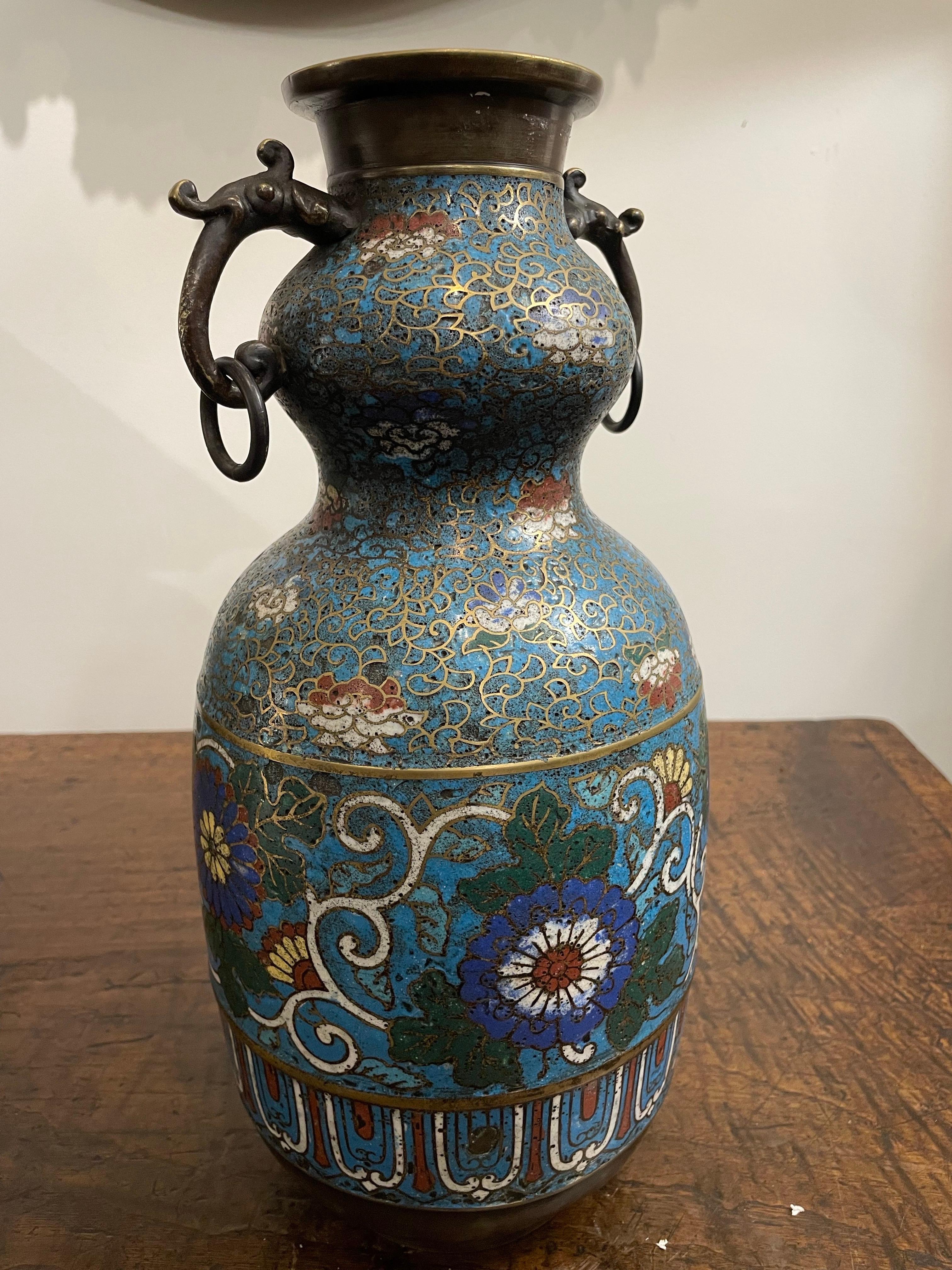 Cloissoné An Unusual Chinese Cloisonne Vase with Elephant Shaped Handles, 19th Century For Sale