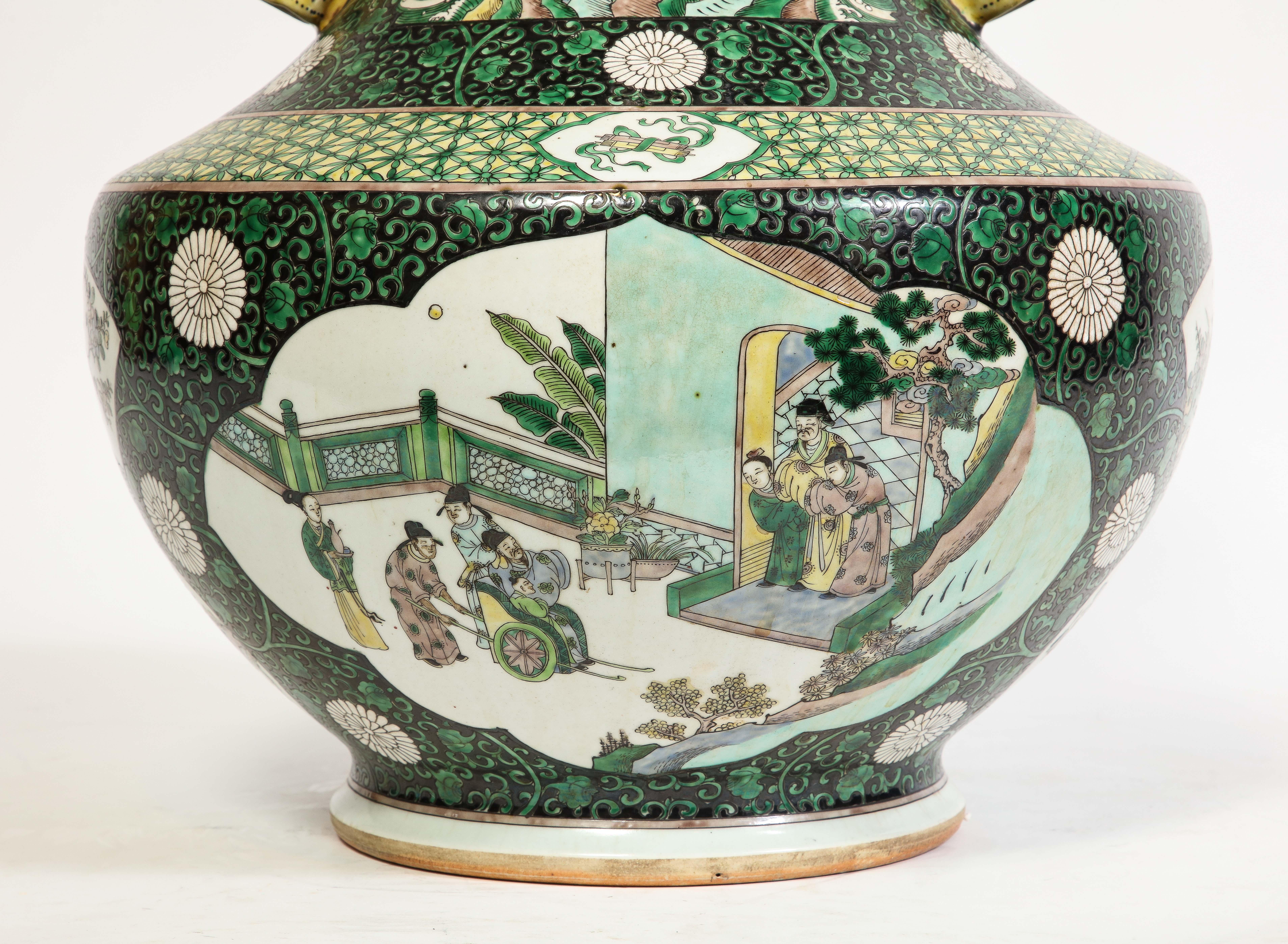An Unusual Chinese Famille Vert Porcelain Vase with Bamboo Handles For Sale 5