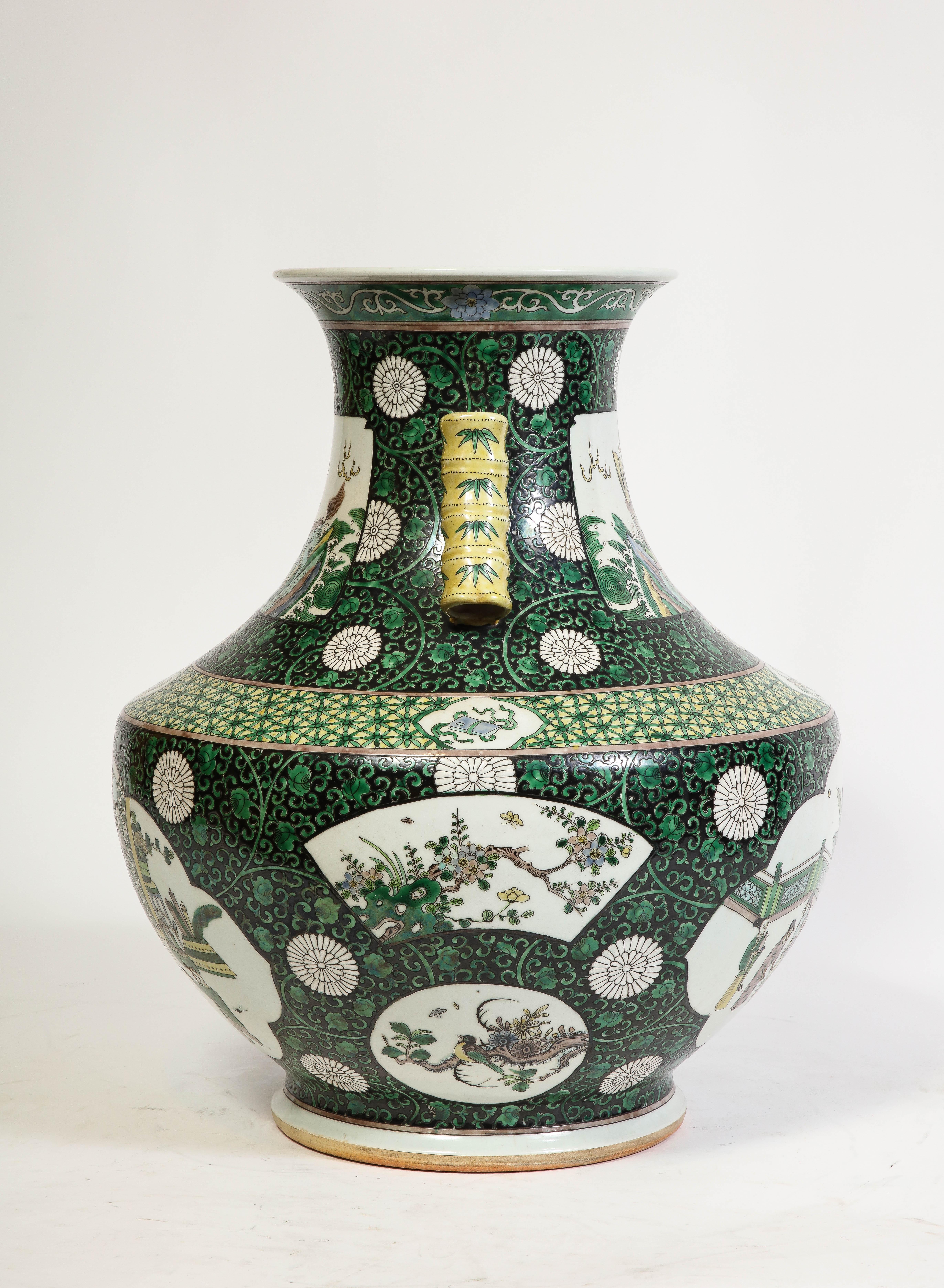 Enameled An Unusual Chinese Famille Vert Porcelain Vase with Bamboo Handles For Sale