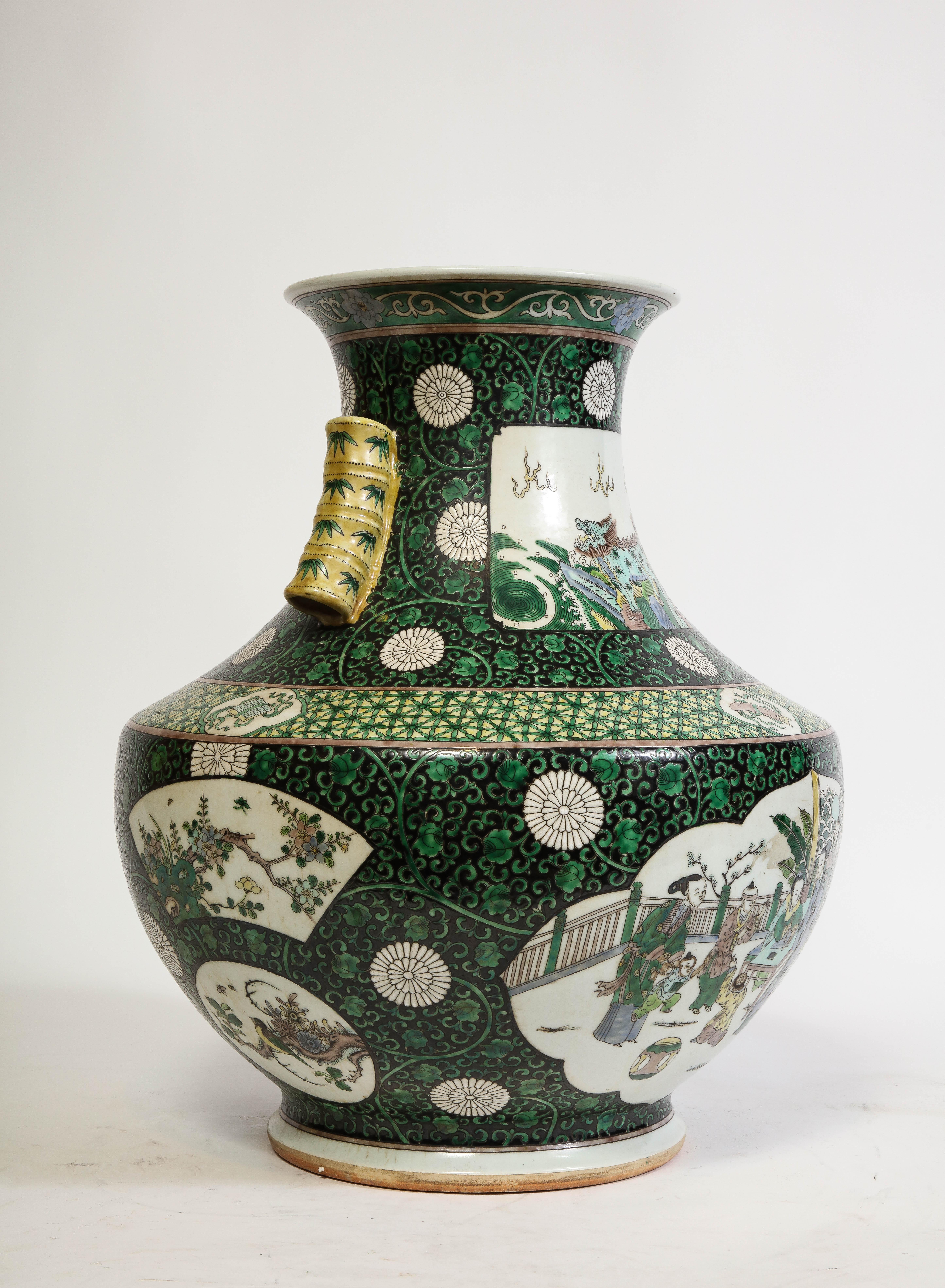 Early 20th Century An Unusual Chinese Famille Vert Porcelain Vase with Bamboo Handles For Sale