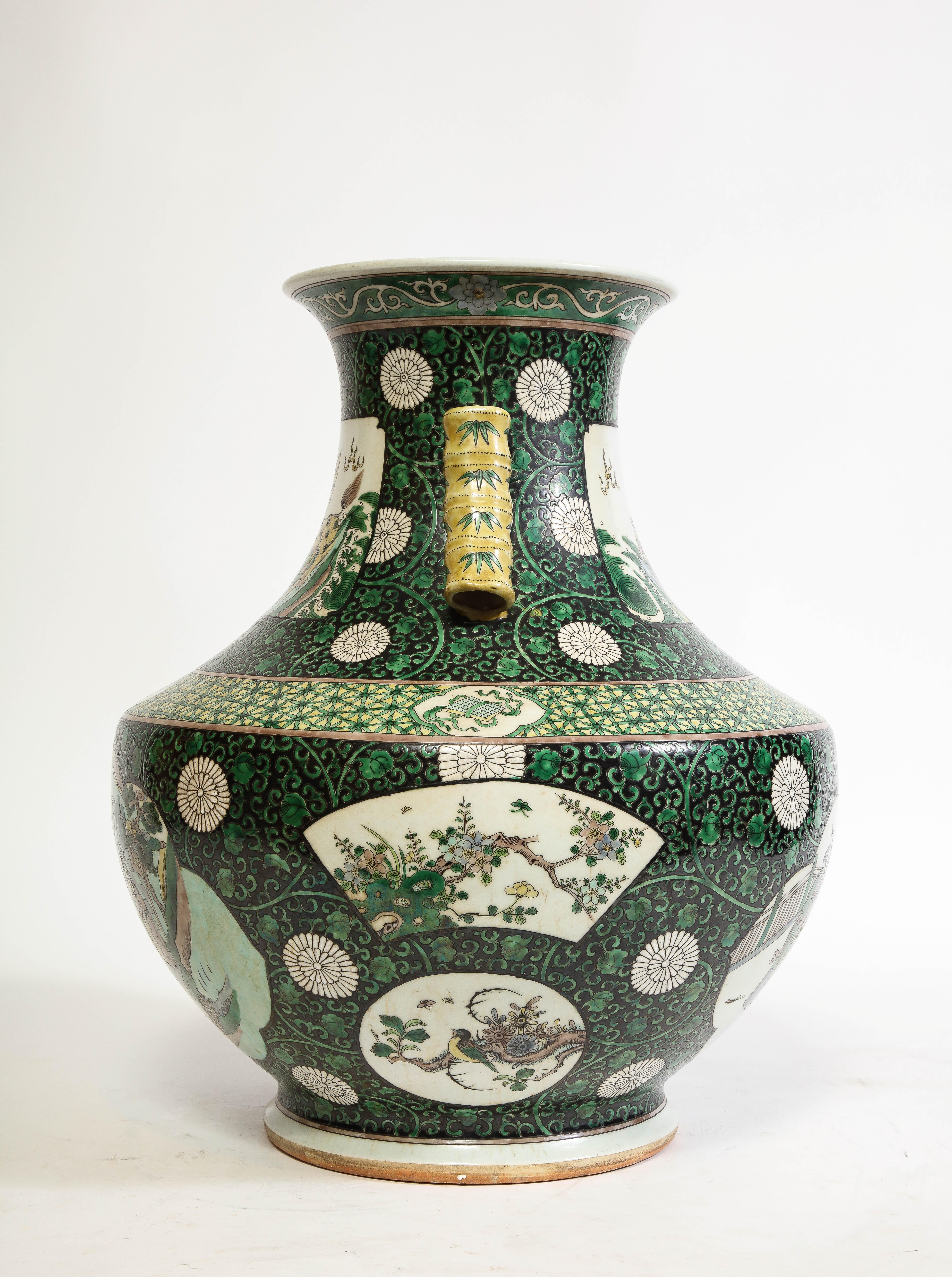 An Unusual Chinese Famille Vert Porcelain Vase with Bamboo Handles For Sale 1
