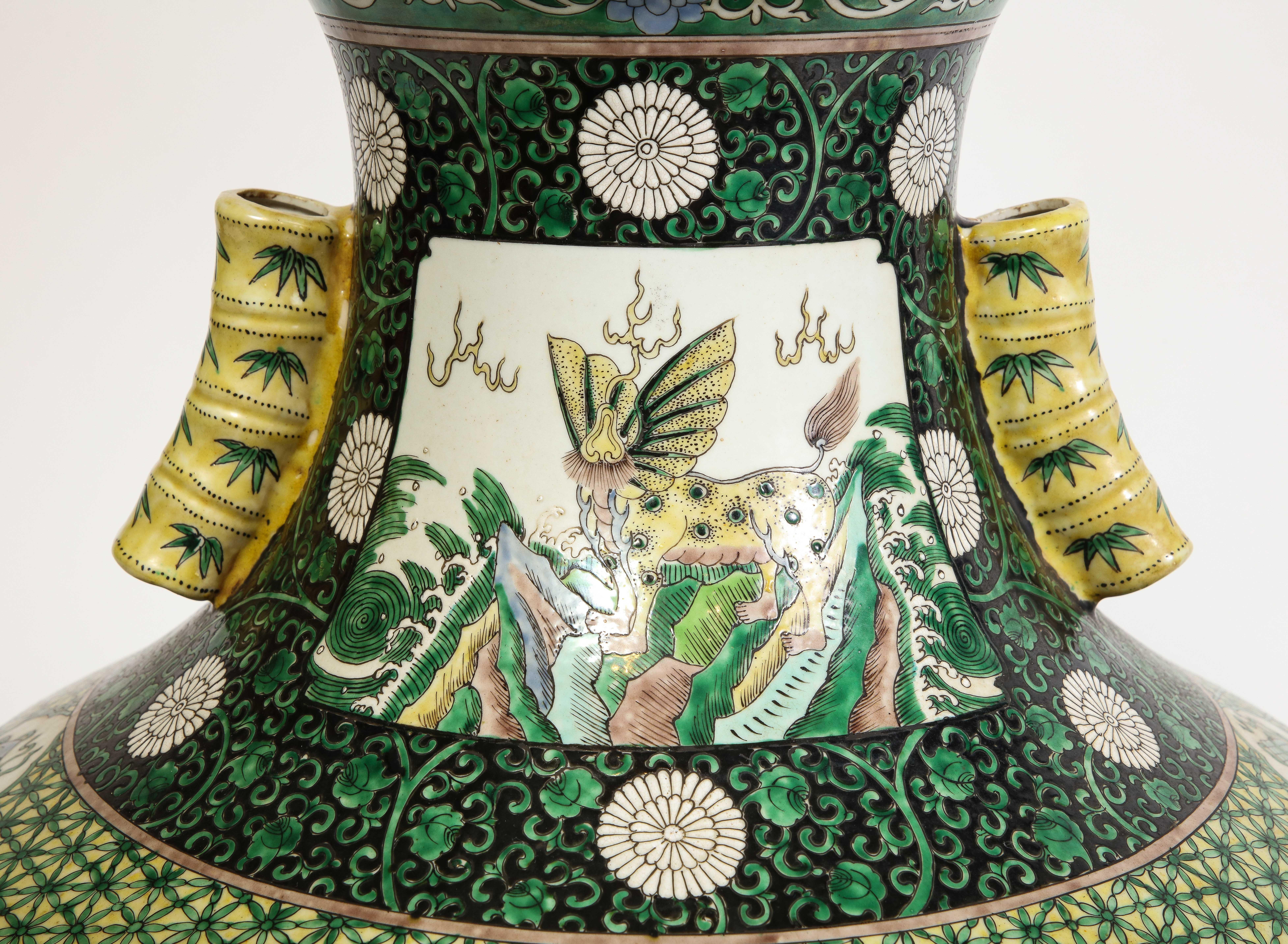 An Unusual Chinese Famille Vert Porcelain Vase with Bamboo Handles For Sale 2