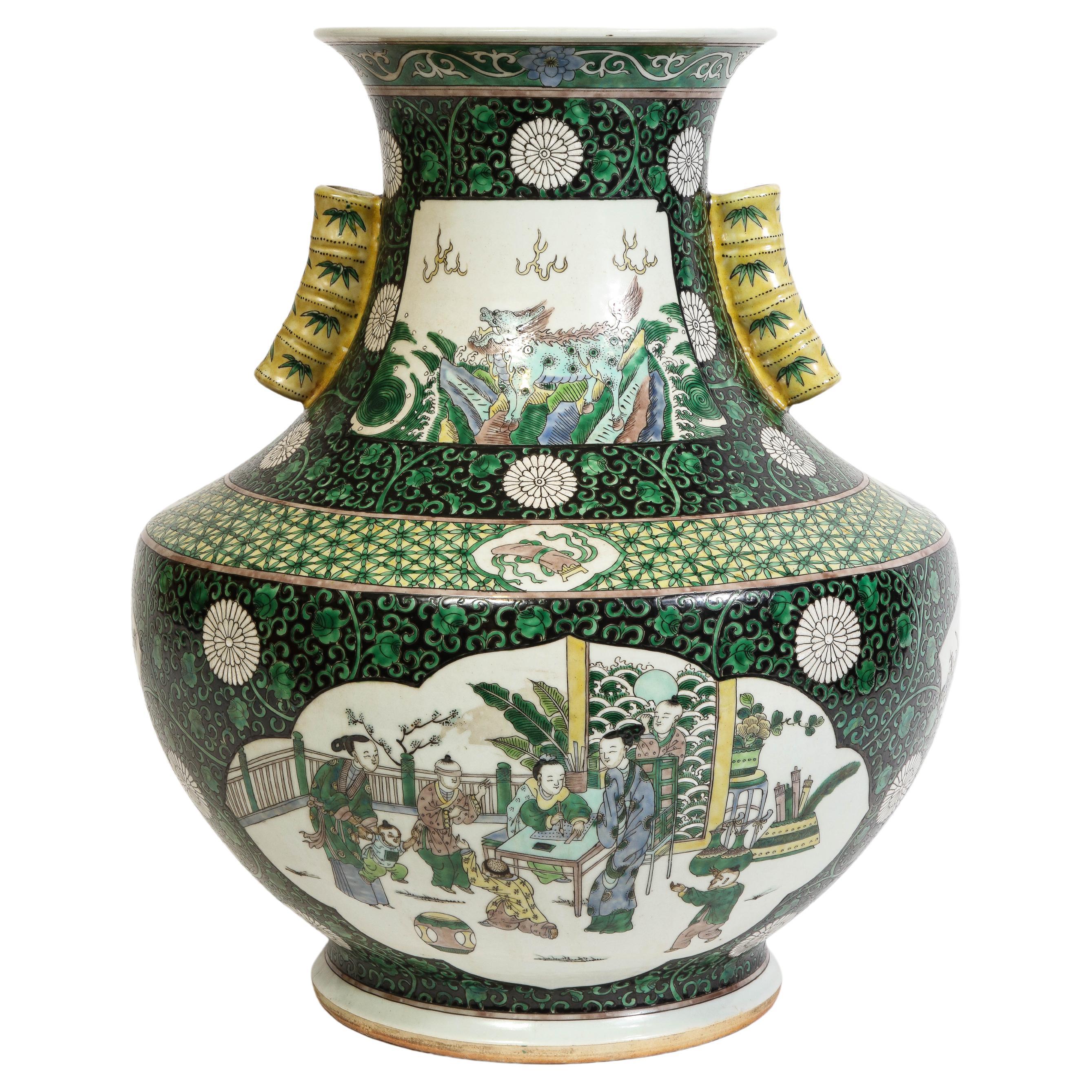 An Unusual Chinese Famille Vert Porcelain Vase with Bamboo Handles For Sale
