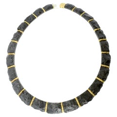 An Unusual Chiseled Onyx Necklace with 18K yellow gold and Diamonds, Modernist.