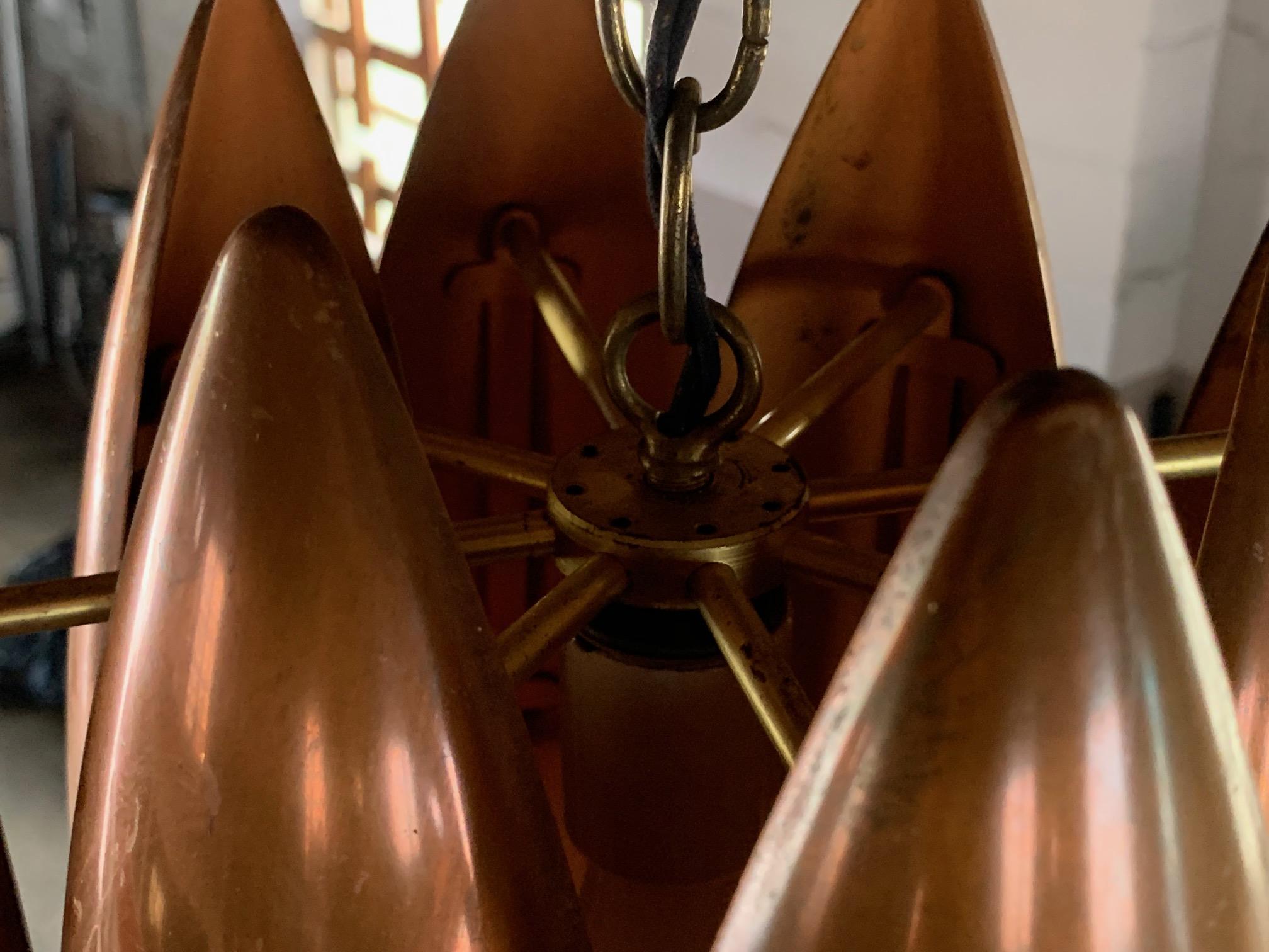 An unusual copper chandelier, distinctly modern, in the style of Hans-Agne Jacobsson.