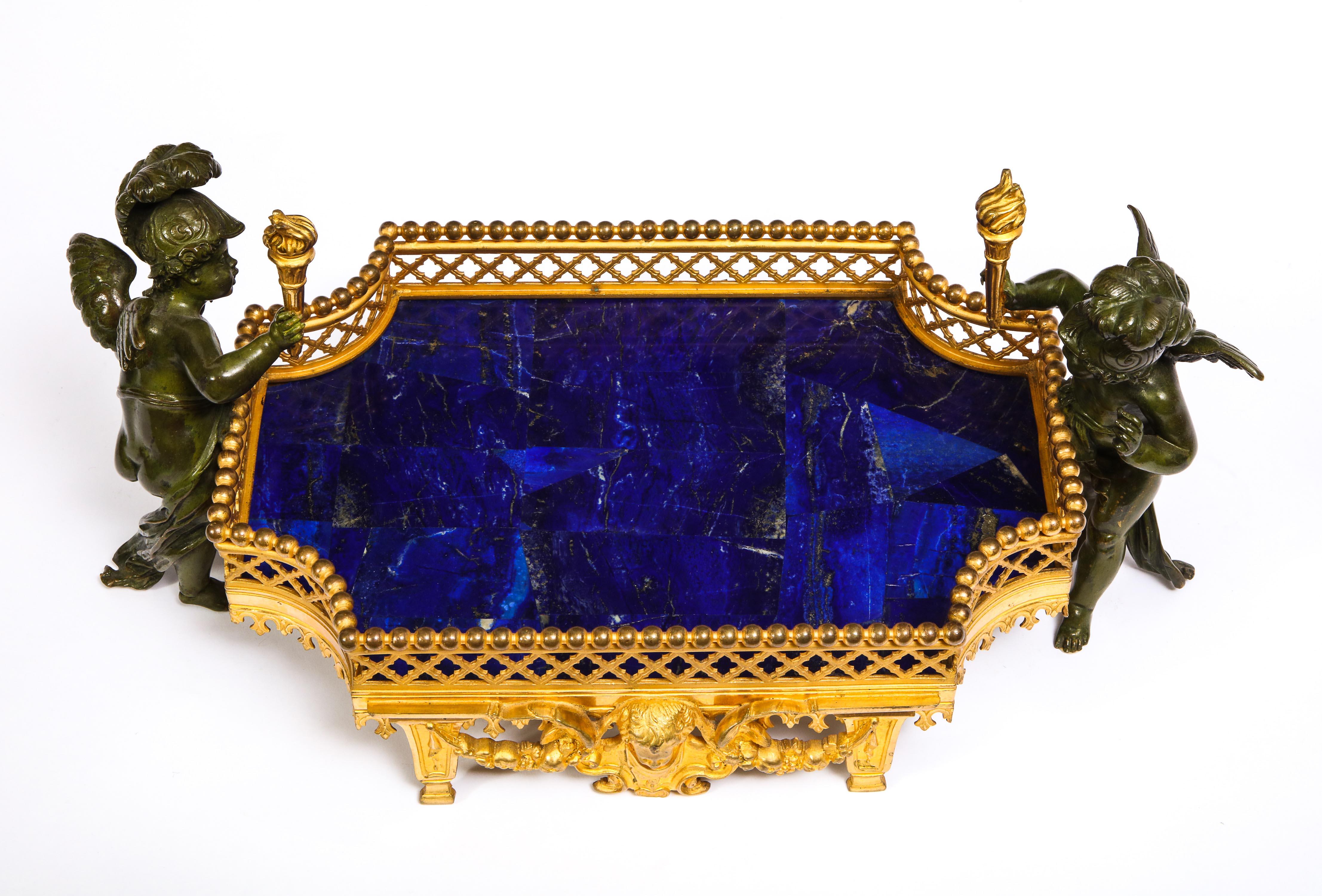 Louis XVI Unusual Dore Bronze, Lapis Lazuli, & Patinated Bronze Cupid Centerpiece